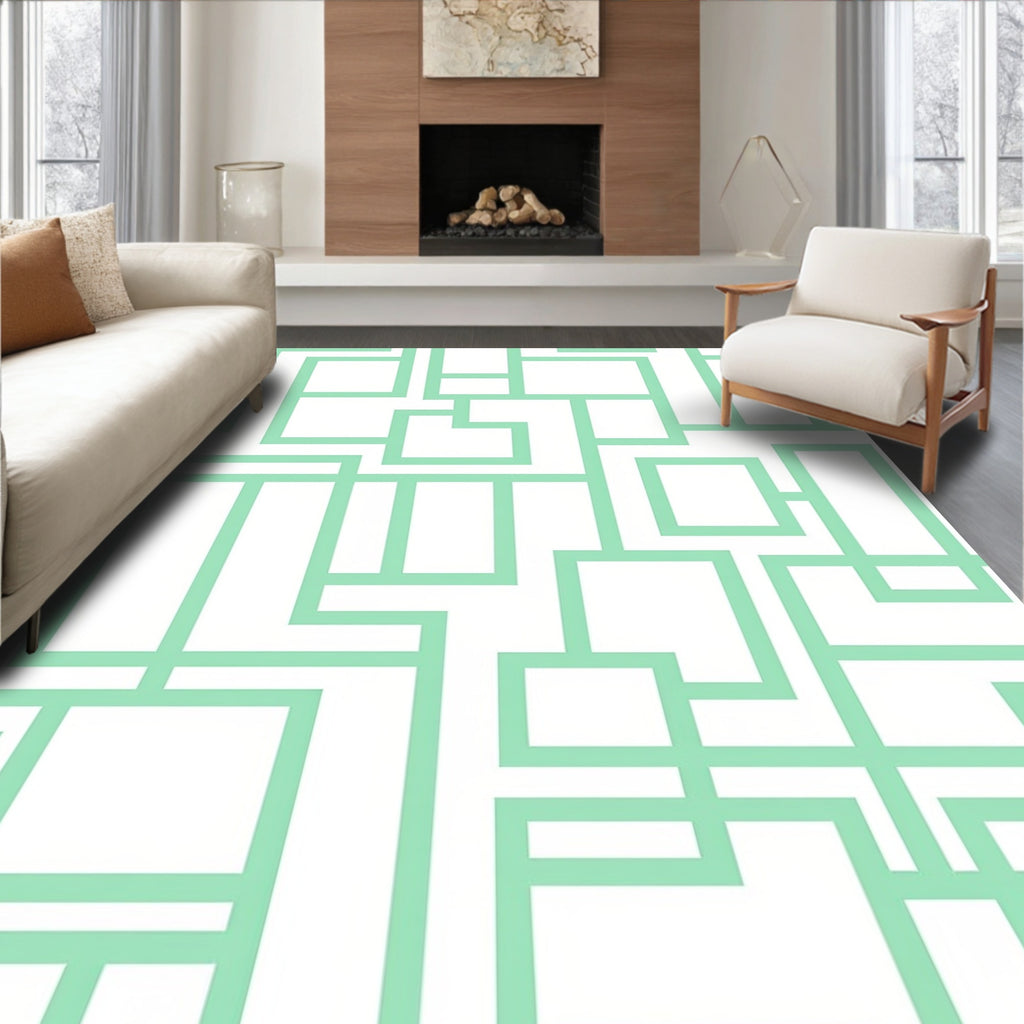 Mint Green Geometric Rectangular Maze Rug