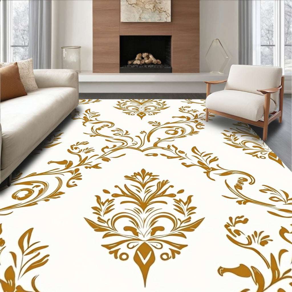 Elegant Gold Swirl Floral Damask Rug