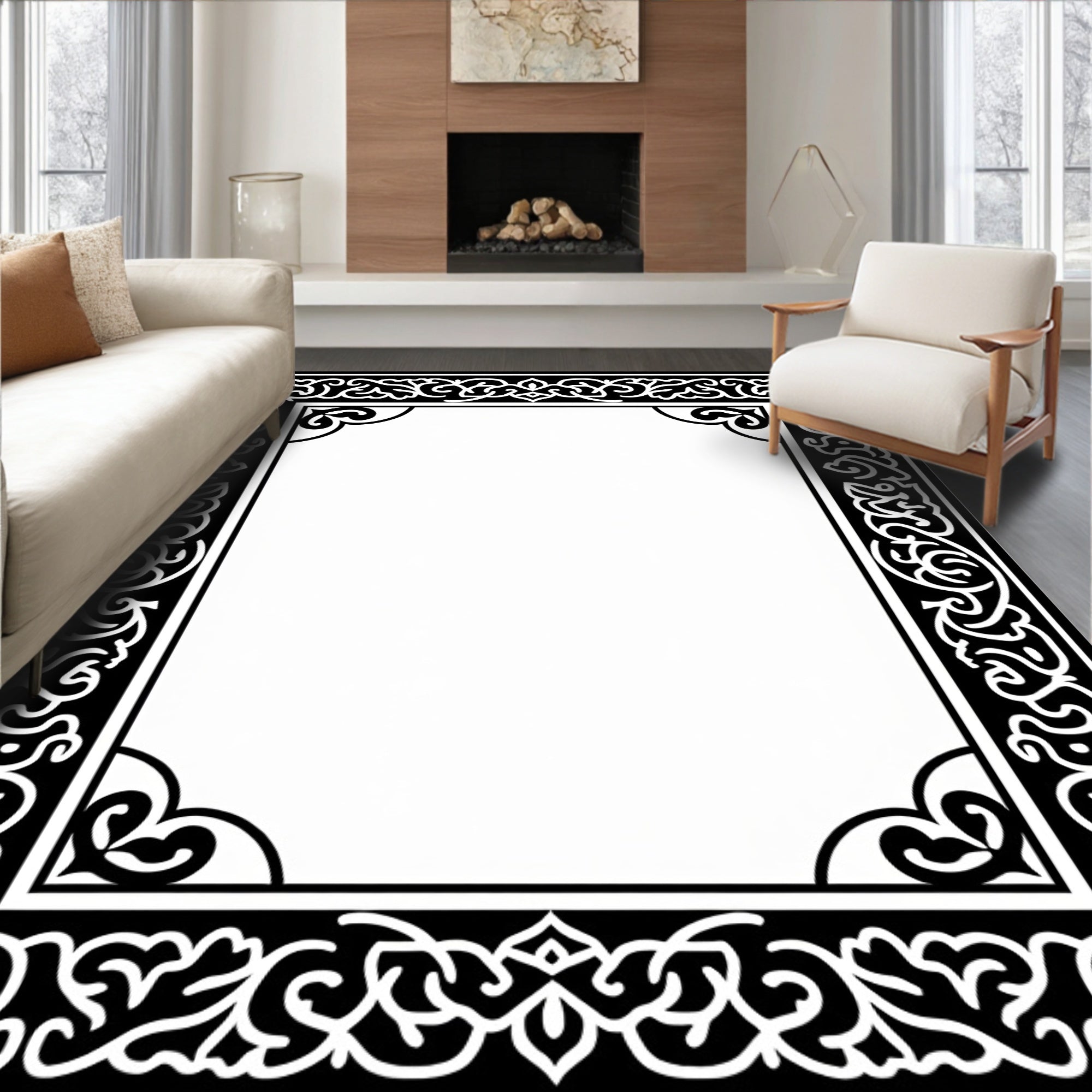 Ornate Black White Floral Scroll Rug