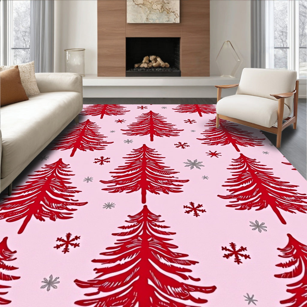 Red Pine Christmas Trees Snowflakes Rug
