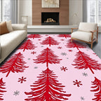 Red Pine Christmas Trees Snowflakes Rug