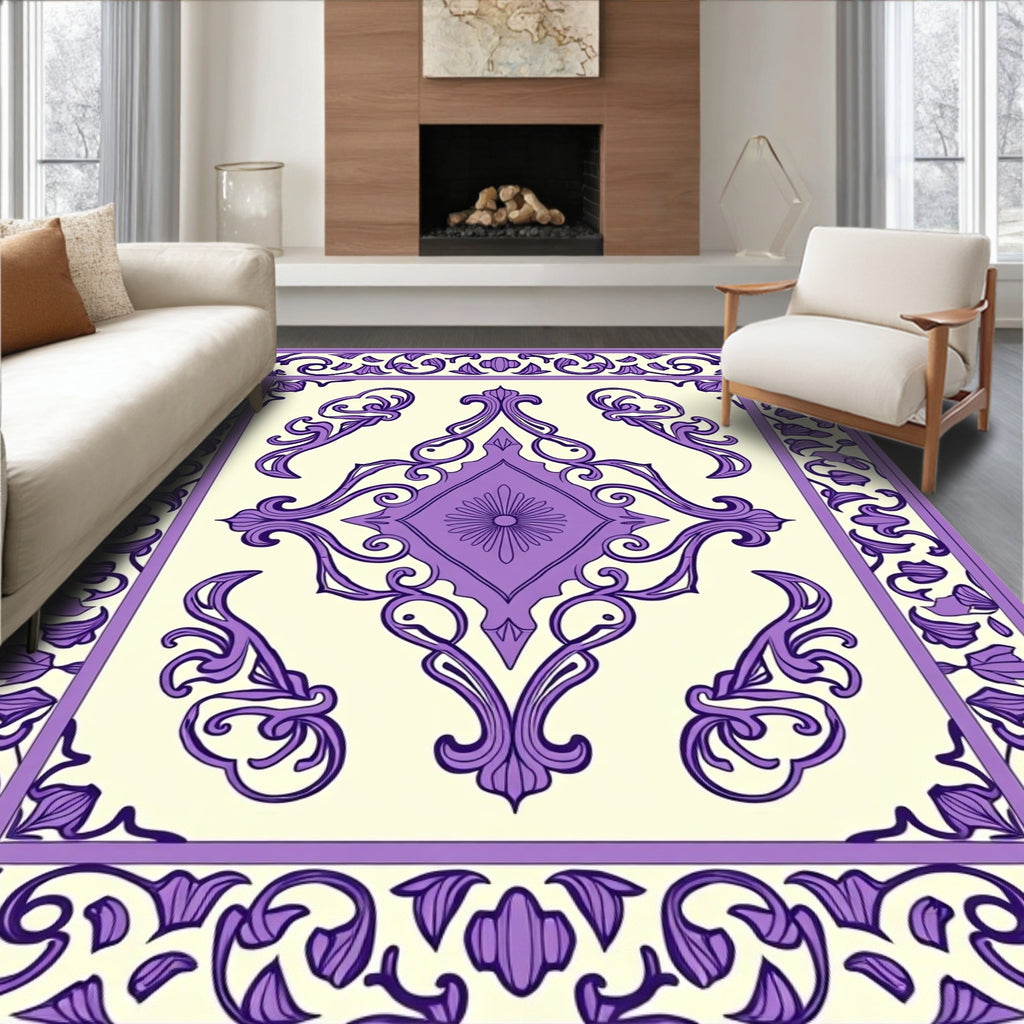 Elegant Purple Floral Scroll Pattern Rug