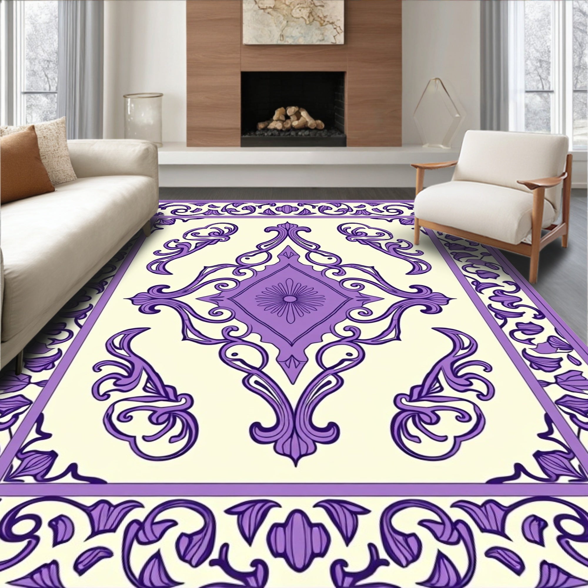 Elegant Purple Floral Scroll Pattern Rug