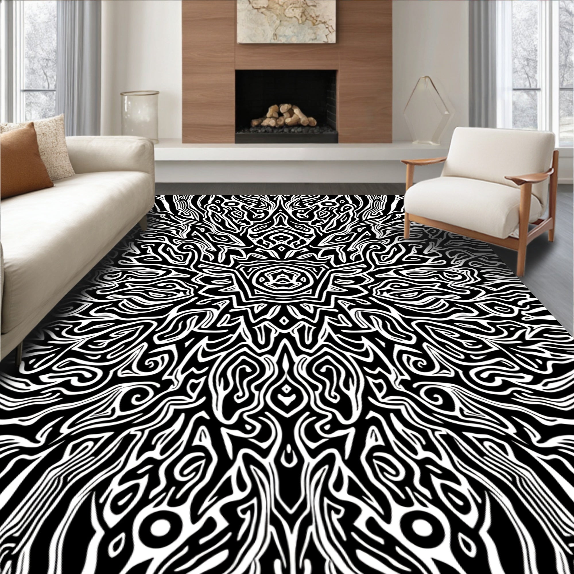 Abstract Black White Organic Pattern Rug
