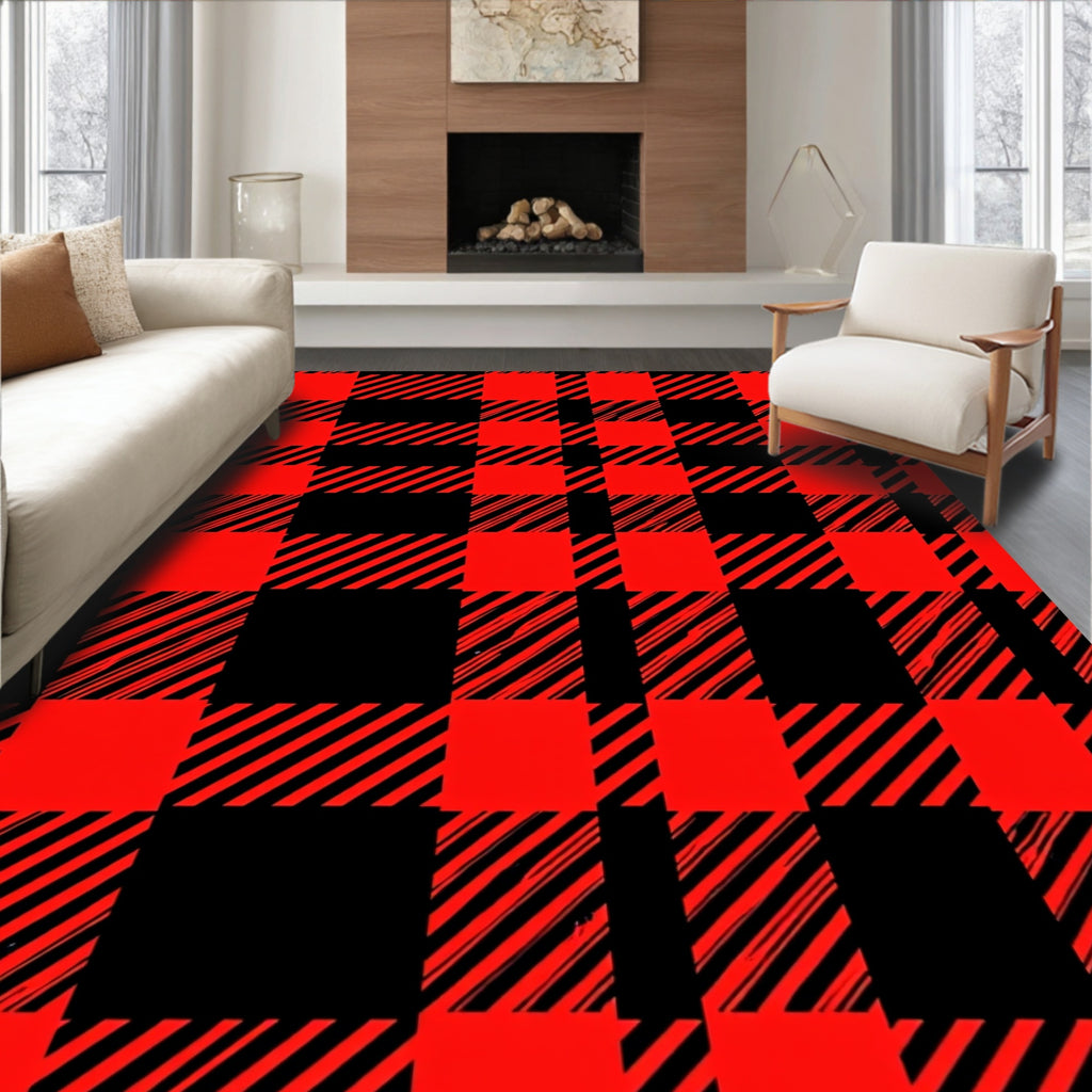 Bold Red Black Plaid Pattern Rug