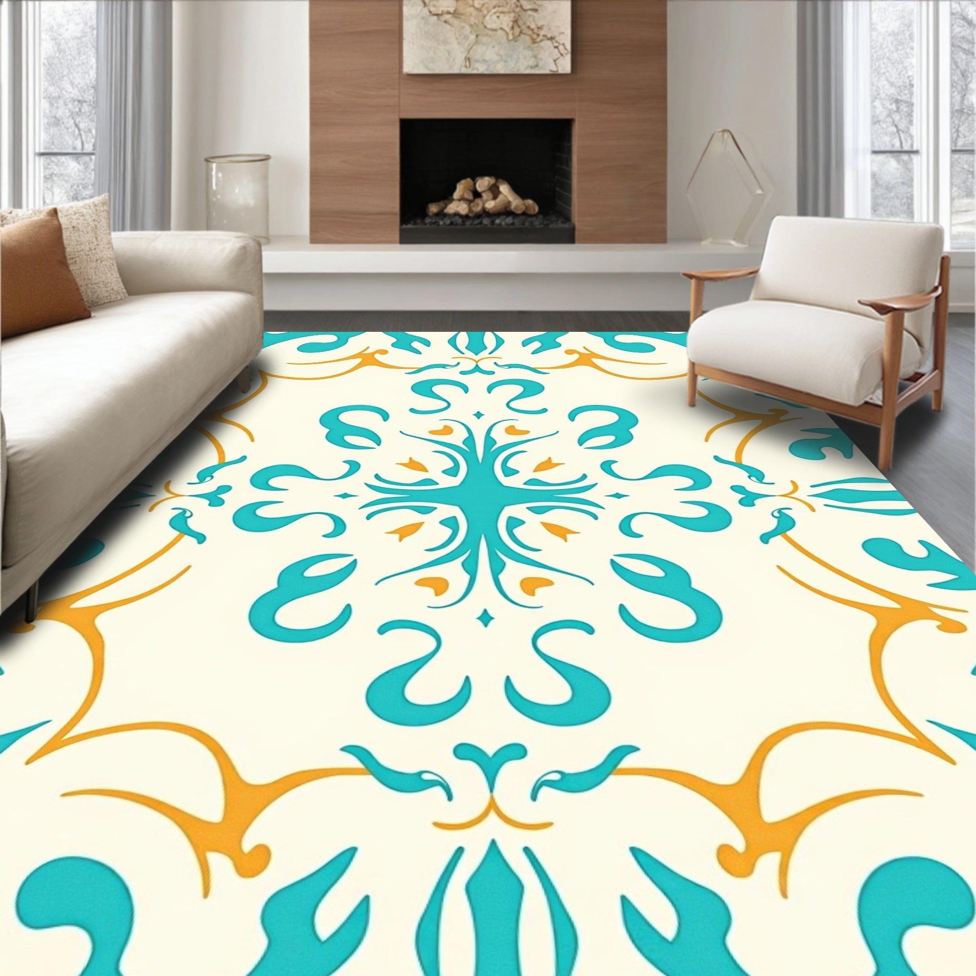 Aqua And Gold Symmetrical Pattern Rug
