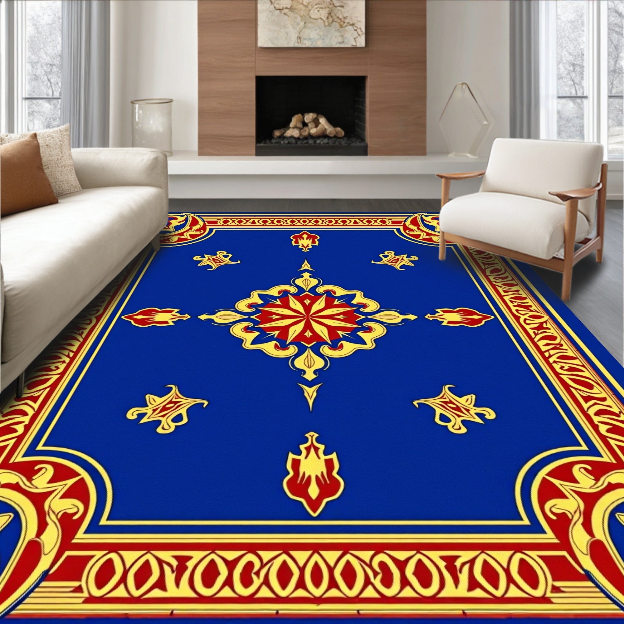 Royal Blue Red Gold Medallion Design Rug