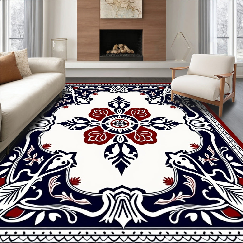 Bold Red Navy White Floral Frame Rug