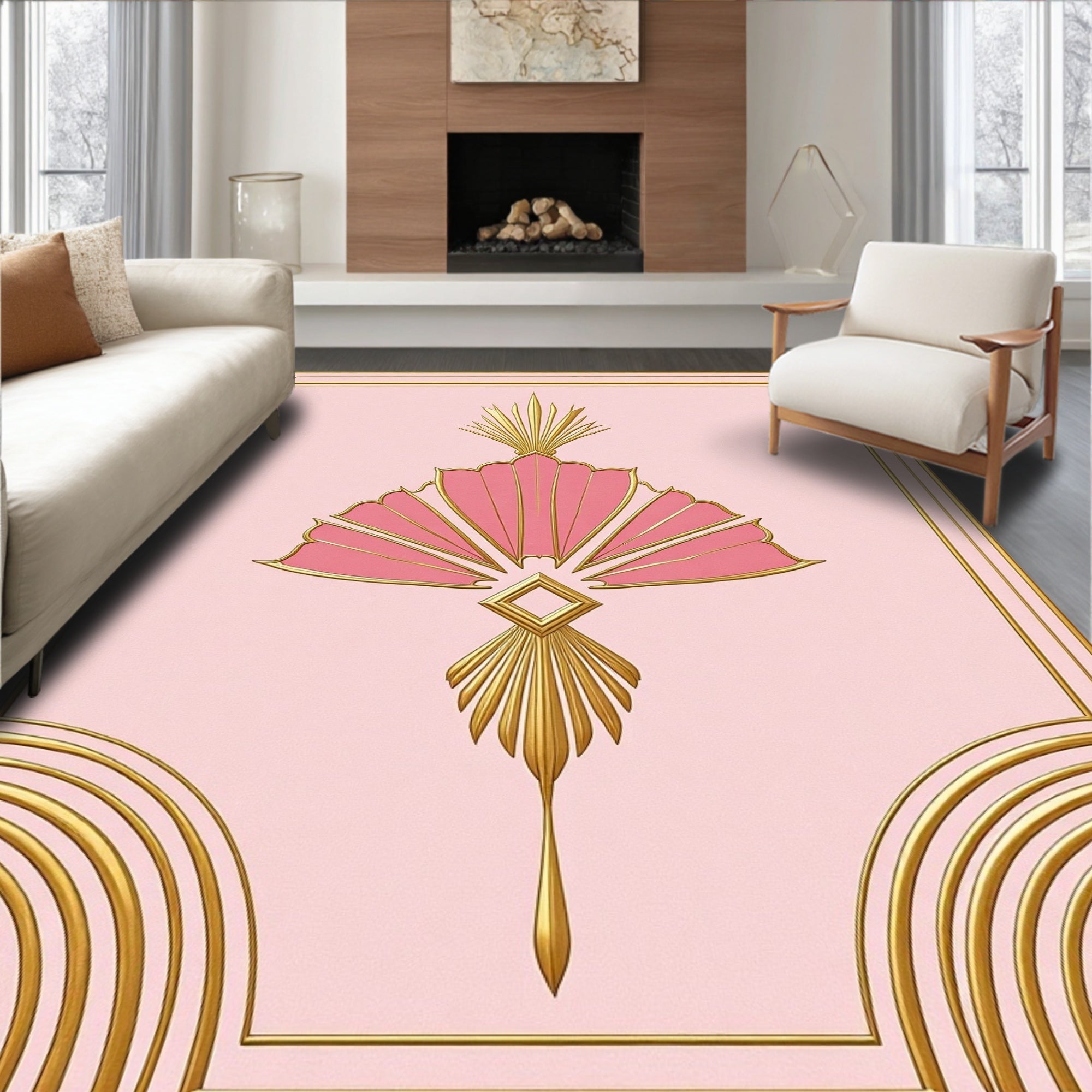 Pink Gold Art Deco Fan Pattern Rug