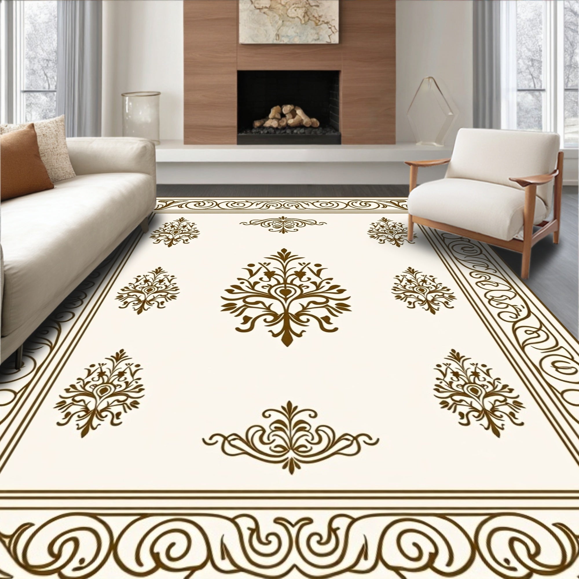 Ornate Brown Floral Damask Pattern Rug