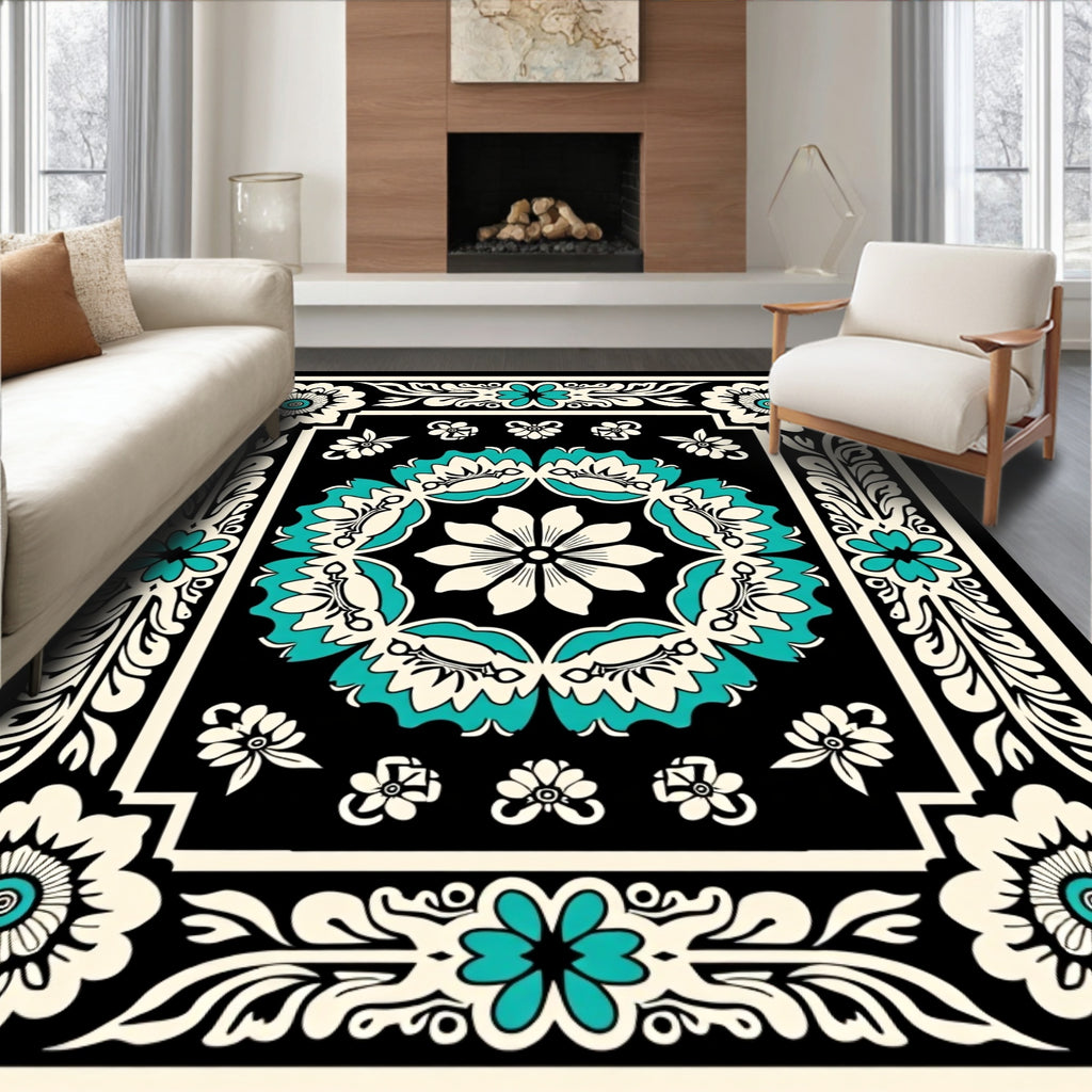 Bold Floral Border With Teal Accents Rug