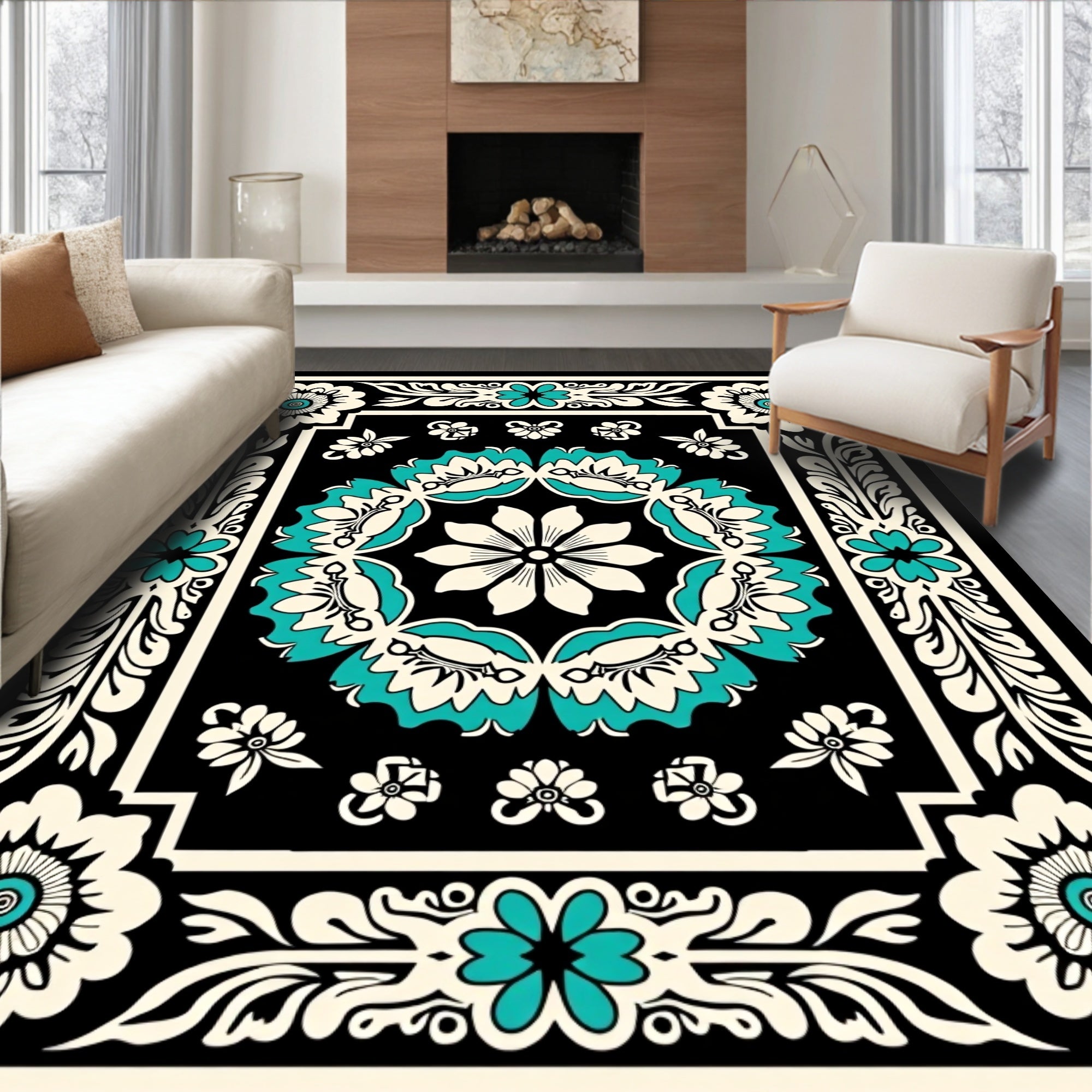 Bold Floral Border With Teal Accents Rug