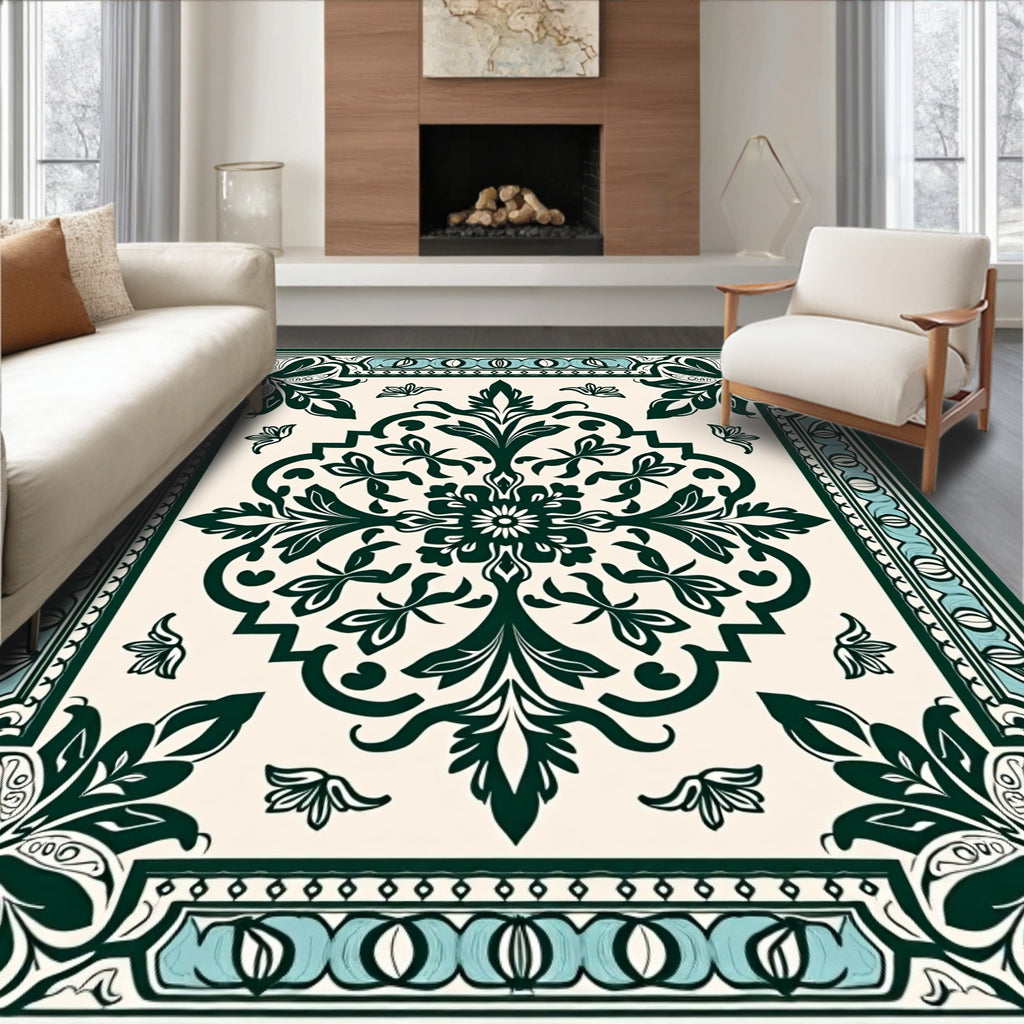 Traditional Green Floral Medallion Design Rug