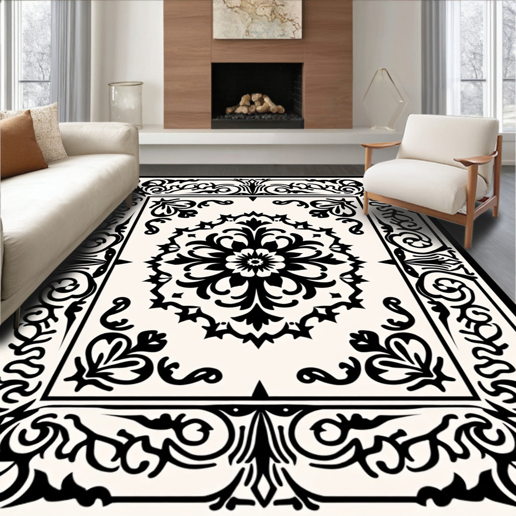 Elegant Black Floral Scrollwork Rug