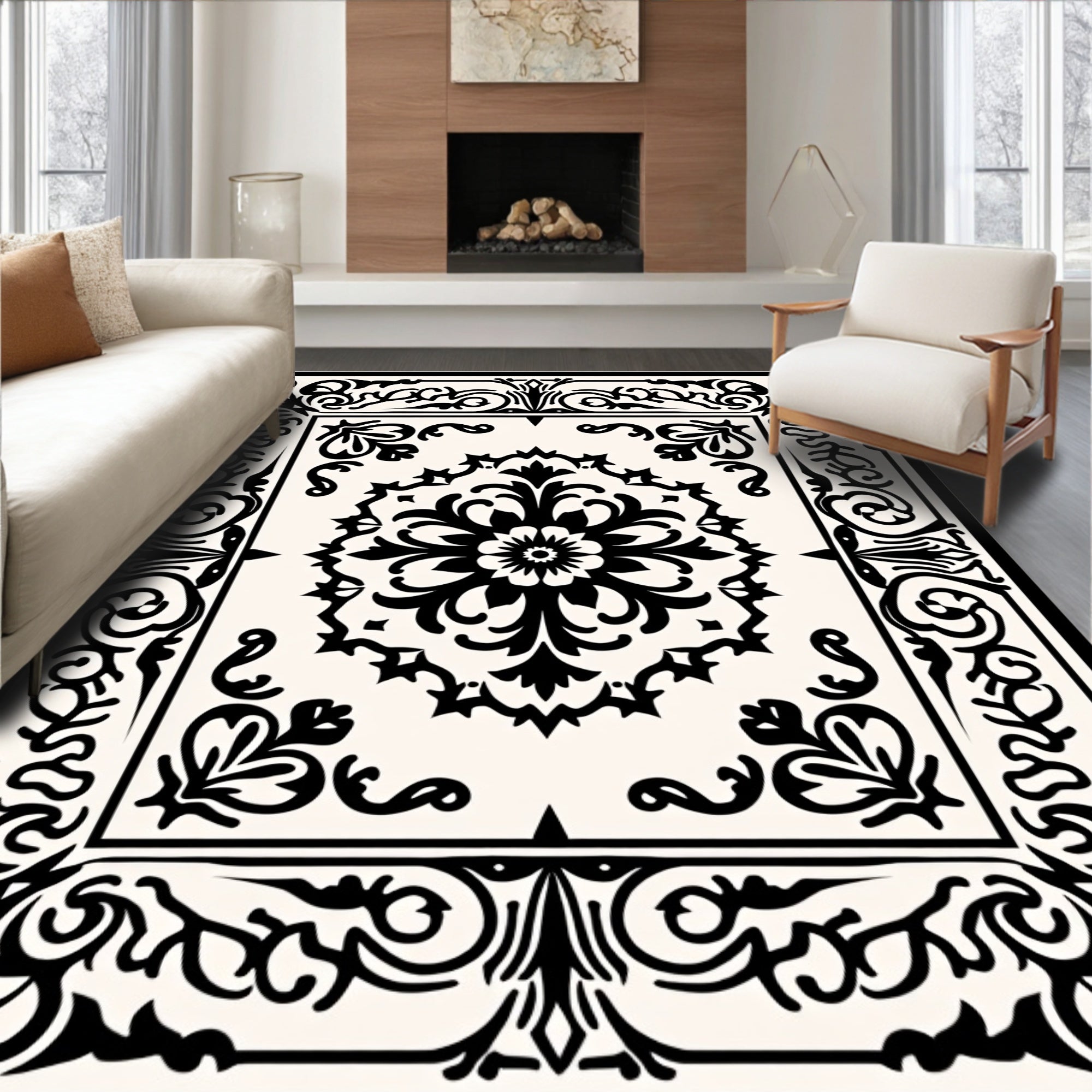 Elegant Black Floral Scrollwork Rug