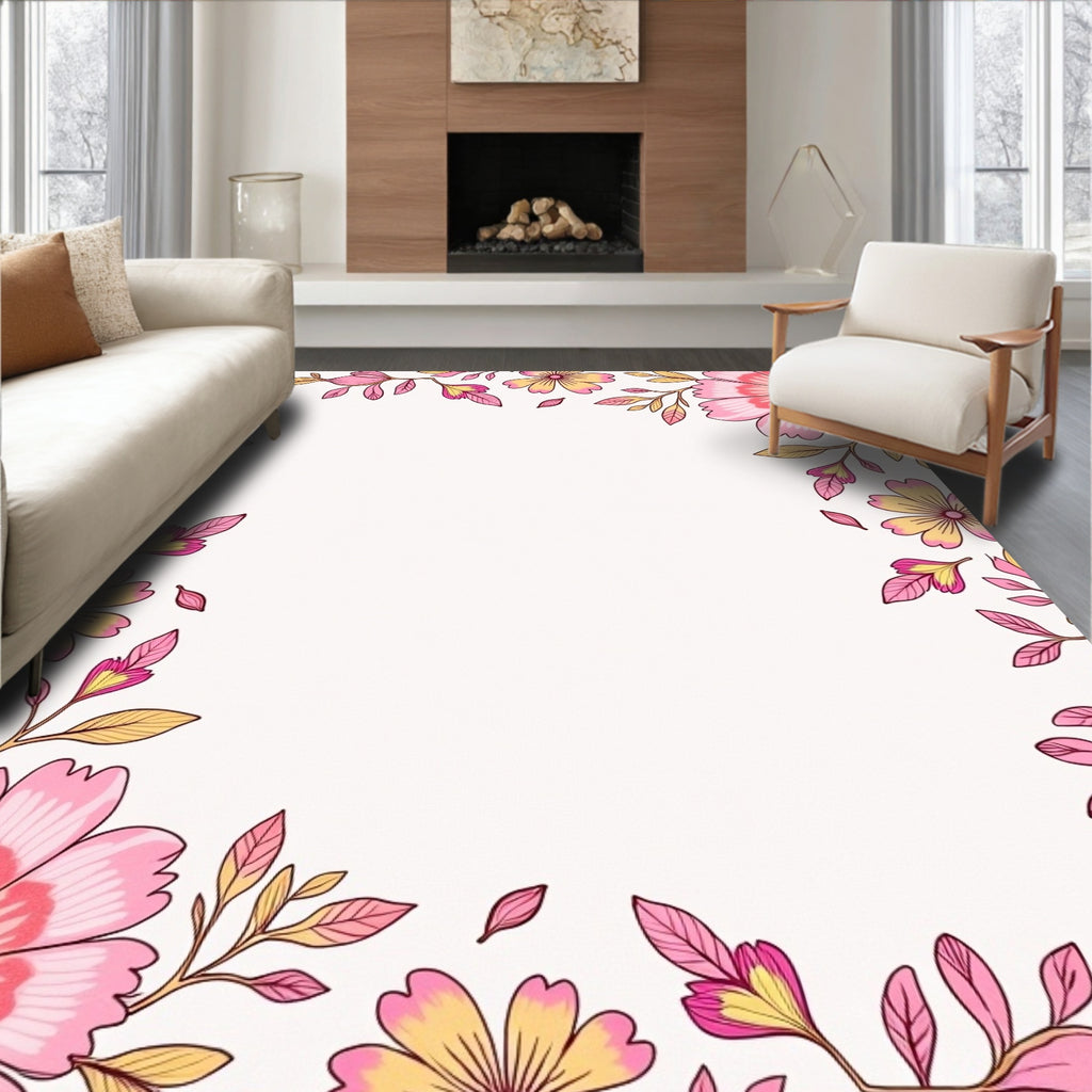 Pink Gold Floral Border Design Rug