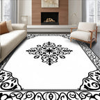 Ornate Black Floral Medallion Border Rug