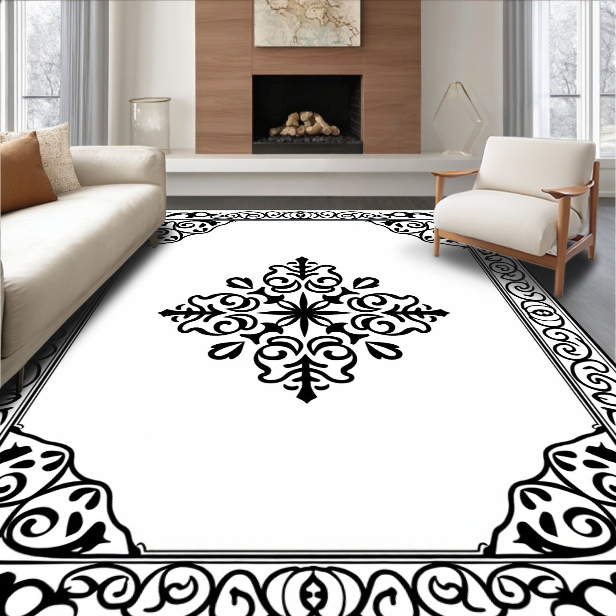 Ornate Black Floral Medallion Border Rug