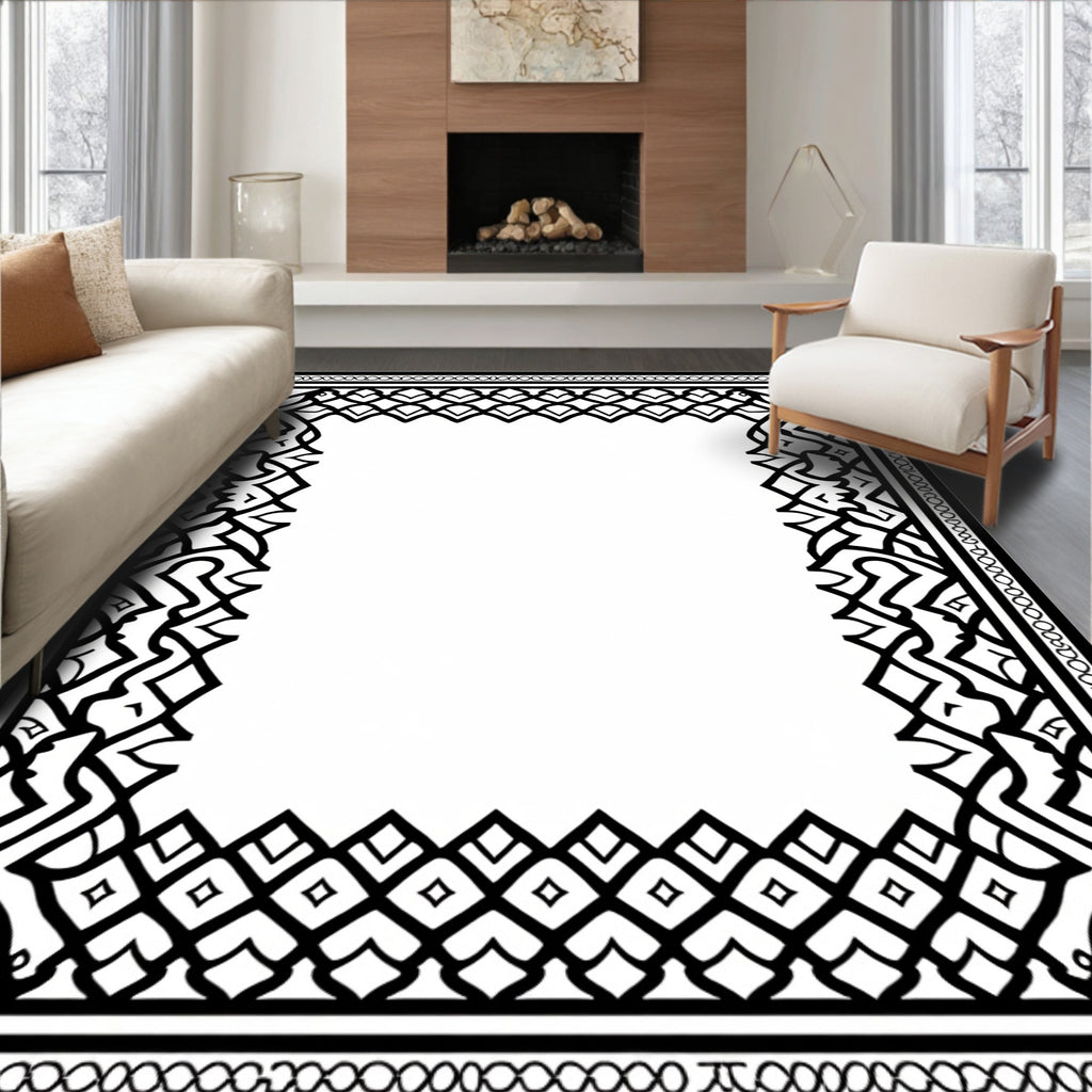 Intricate Black White Geometric Scroll Border Rug