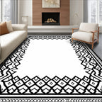 Intricate Black White Geometric Scroll Border Rug