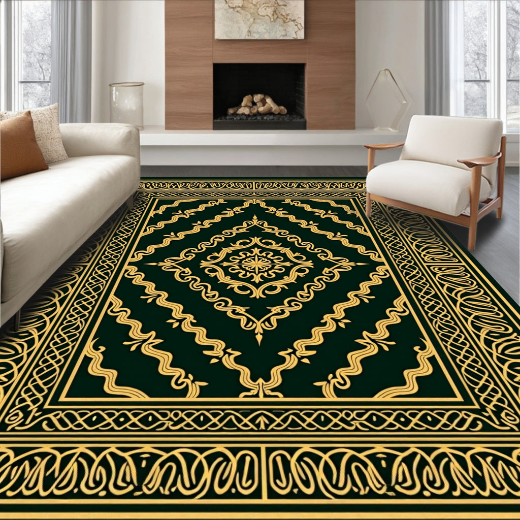 Ornate Gold Dark Green Medallion Rug