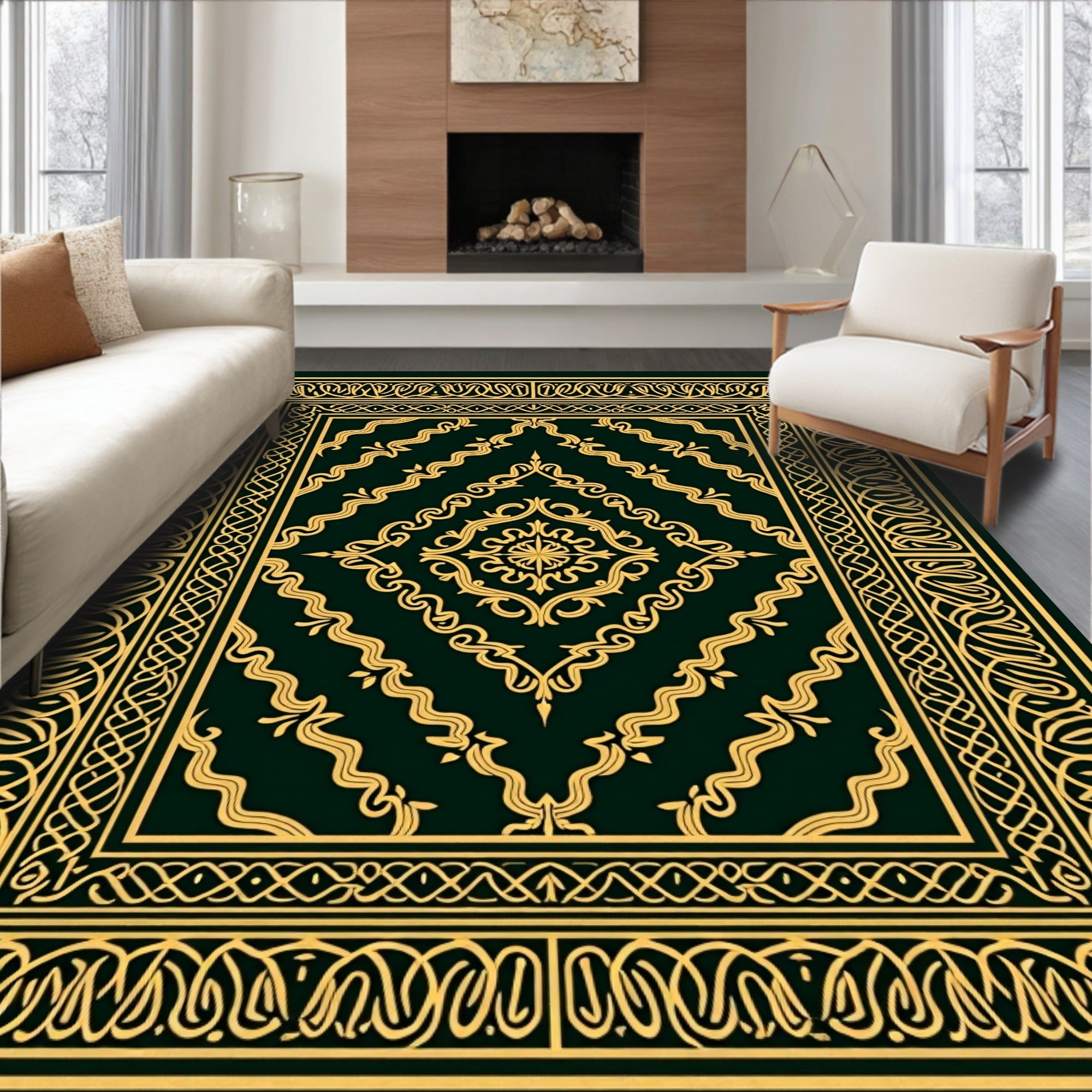 Ornate Gold Dark Green Medallion Rug