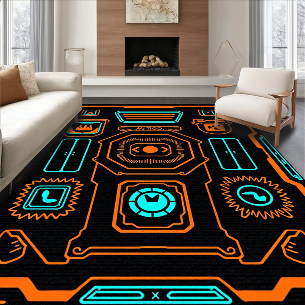 Cyberpunk Orange Neon Futuristic Design Rug