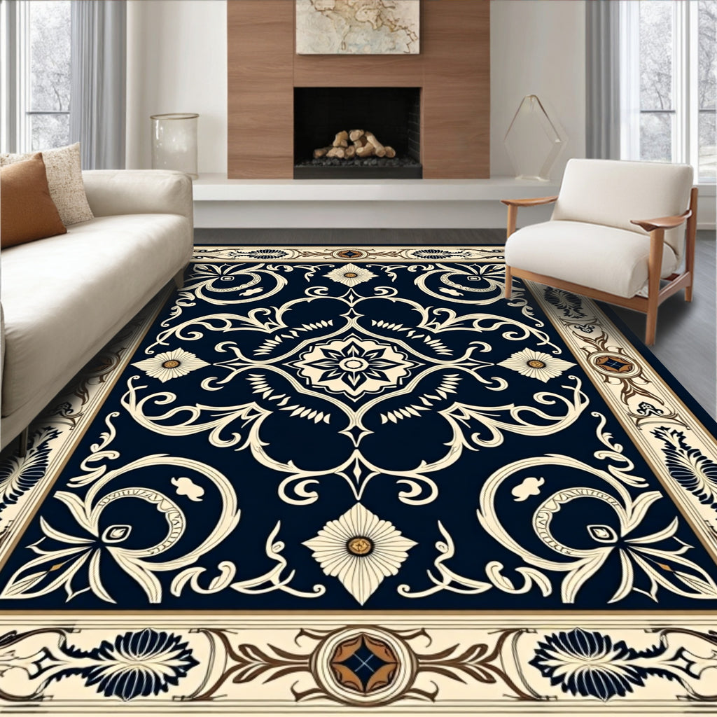Ornate Floral Cream and Navy Rug