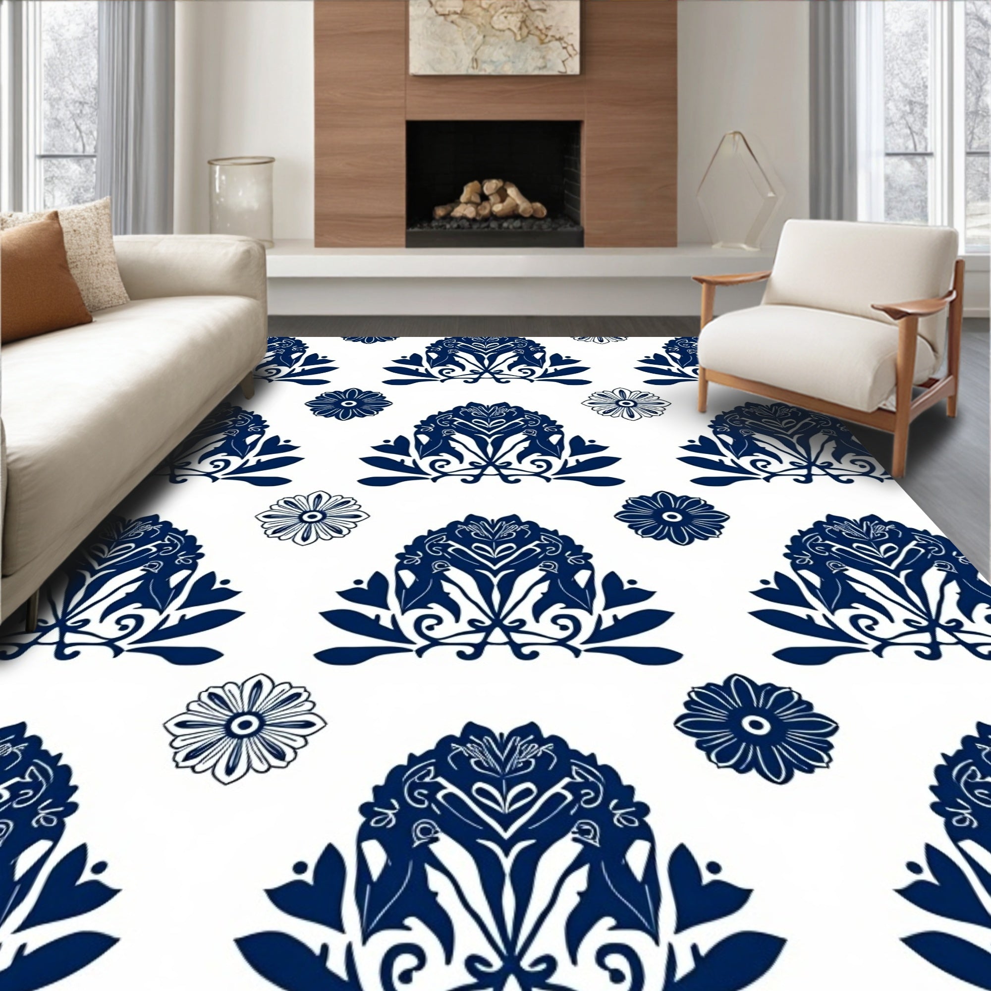 Classic Blue Floral Damask Pattern Rug