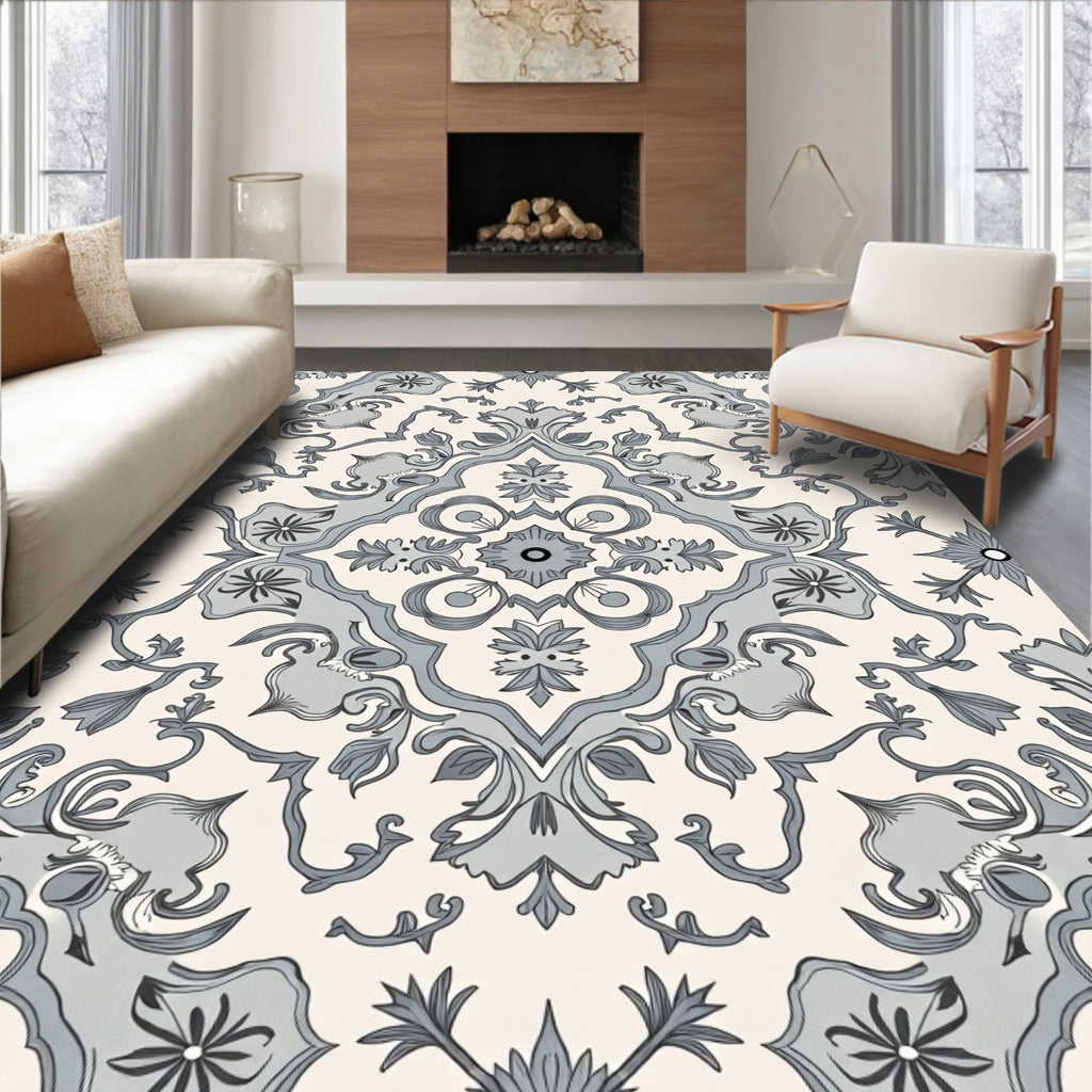 Grey Cream Damask Floral Pattern Rug
