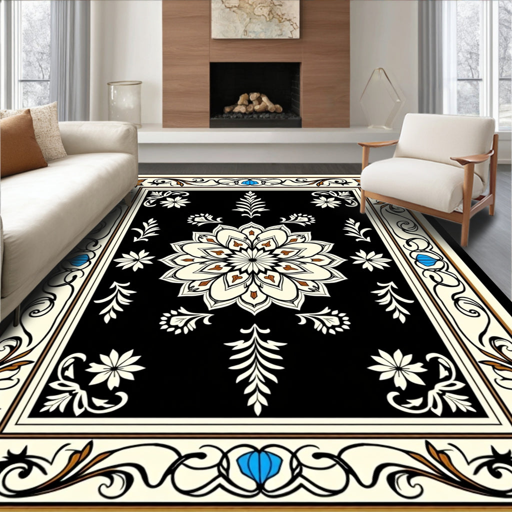 Classic Floral Mandala With Geometric Border Rug