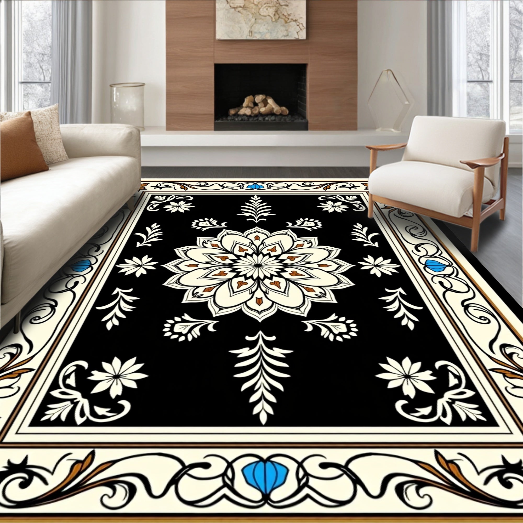 Classic Floral Mandala With Geometric Border Rug
