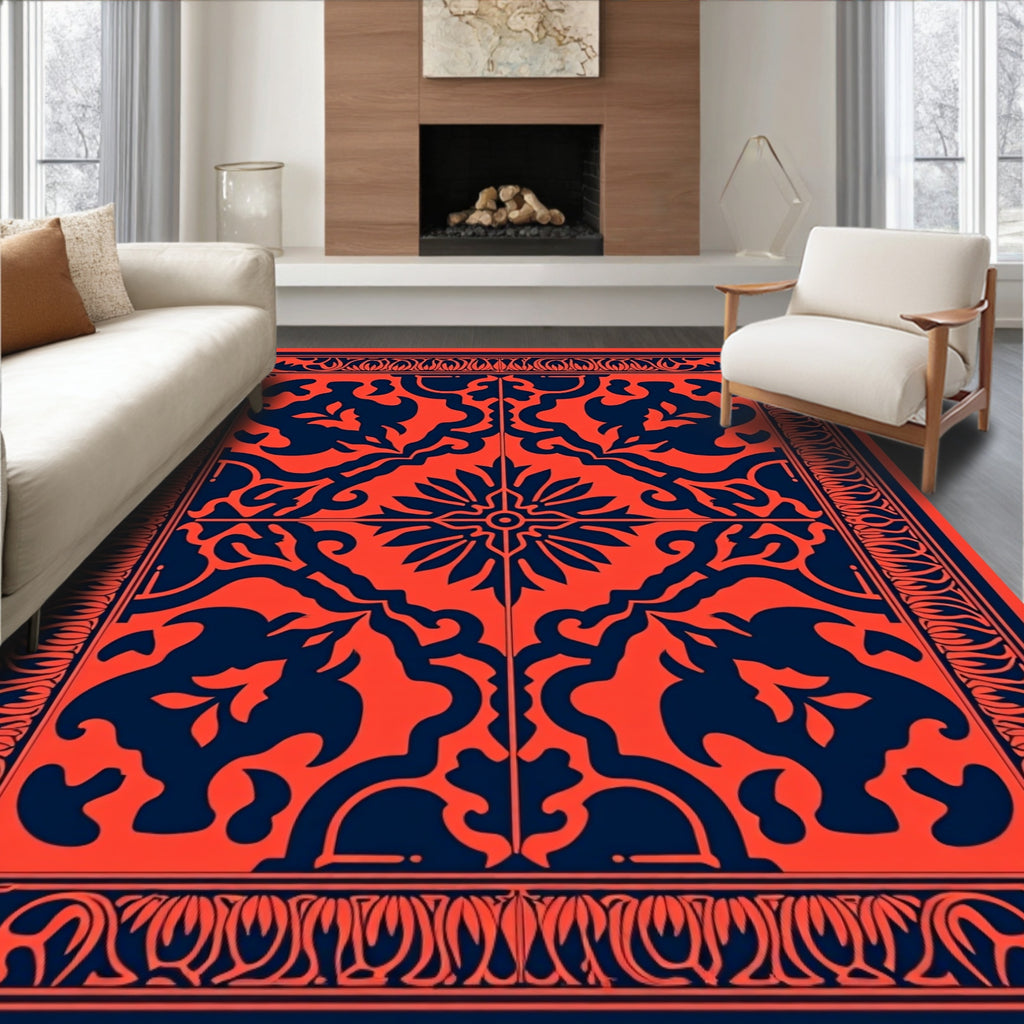 Red Navy Ornate Scroll Pattern Rug