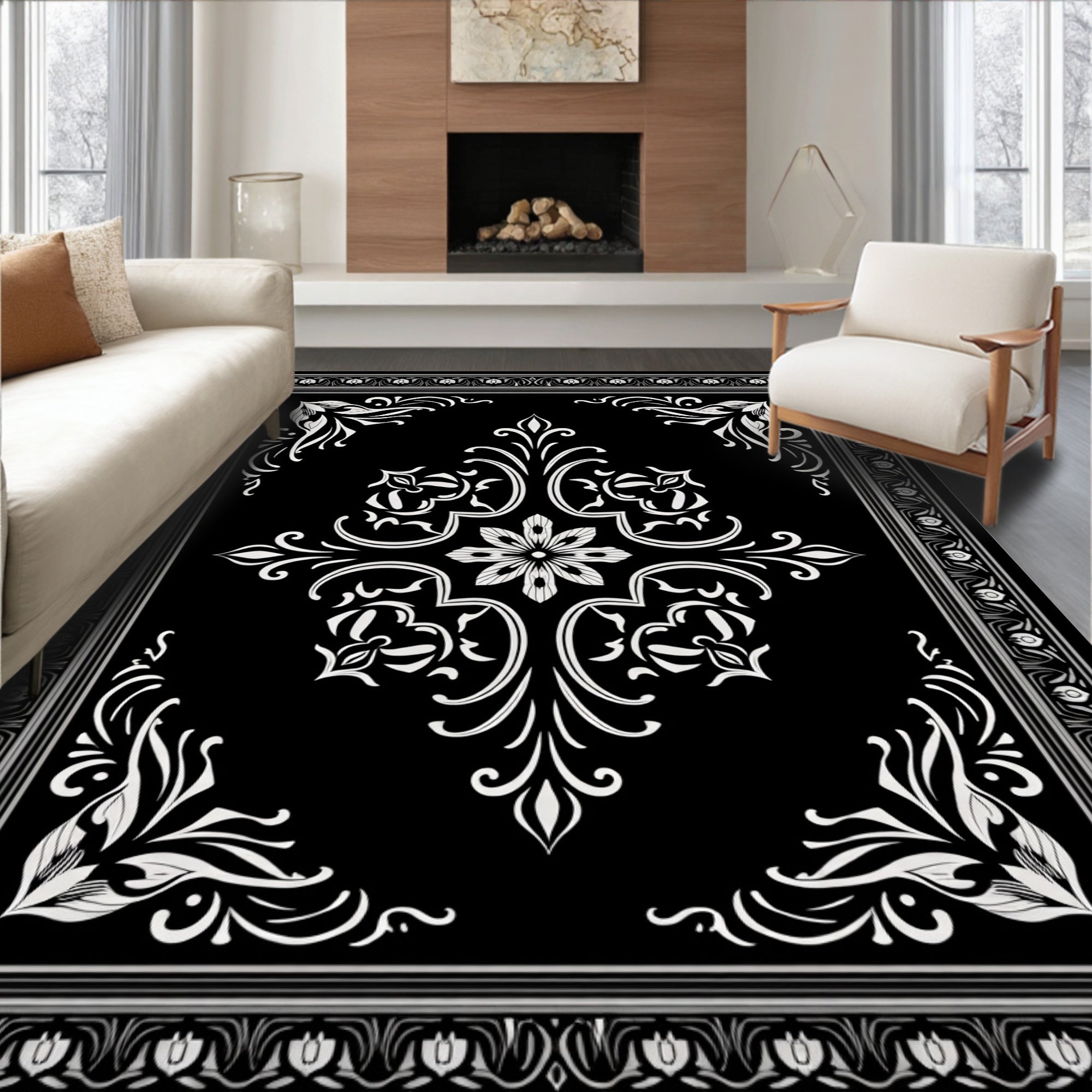 Classic Black White Floral Damask Pattern Rug