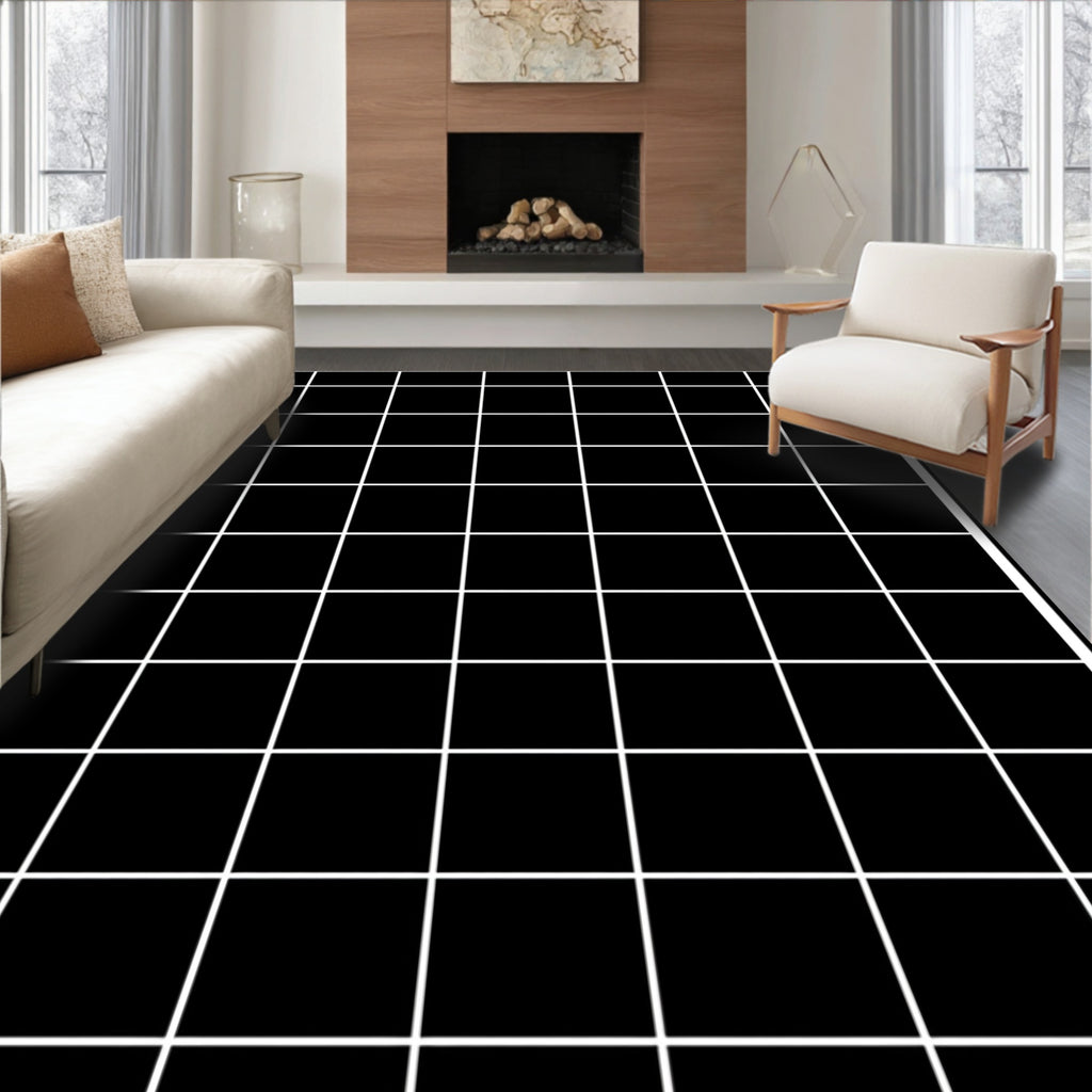 Classic Black White Grid Pattern Rug
