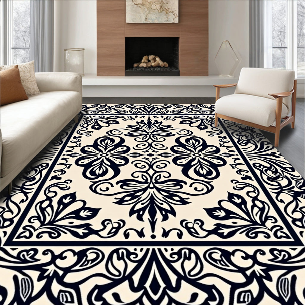 Black Floral Medallion Ornate Pattern Rug