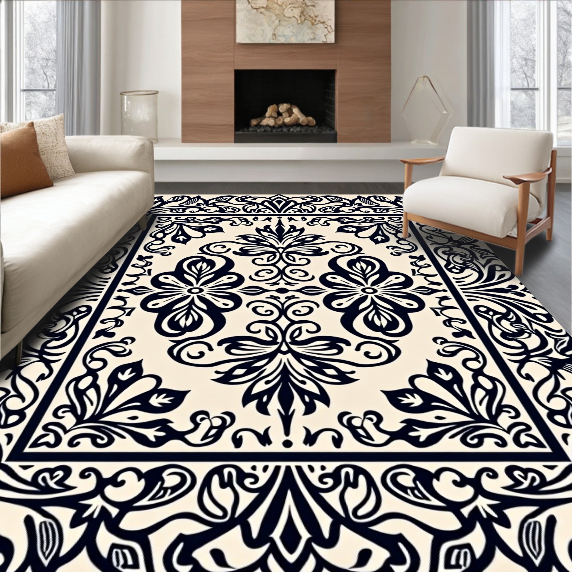 Black Floral Medallion Ornate Pattern Rug
