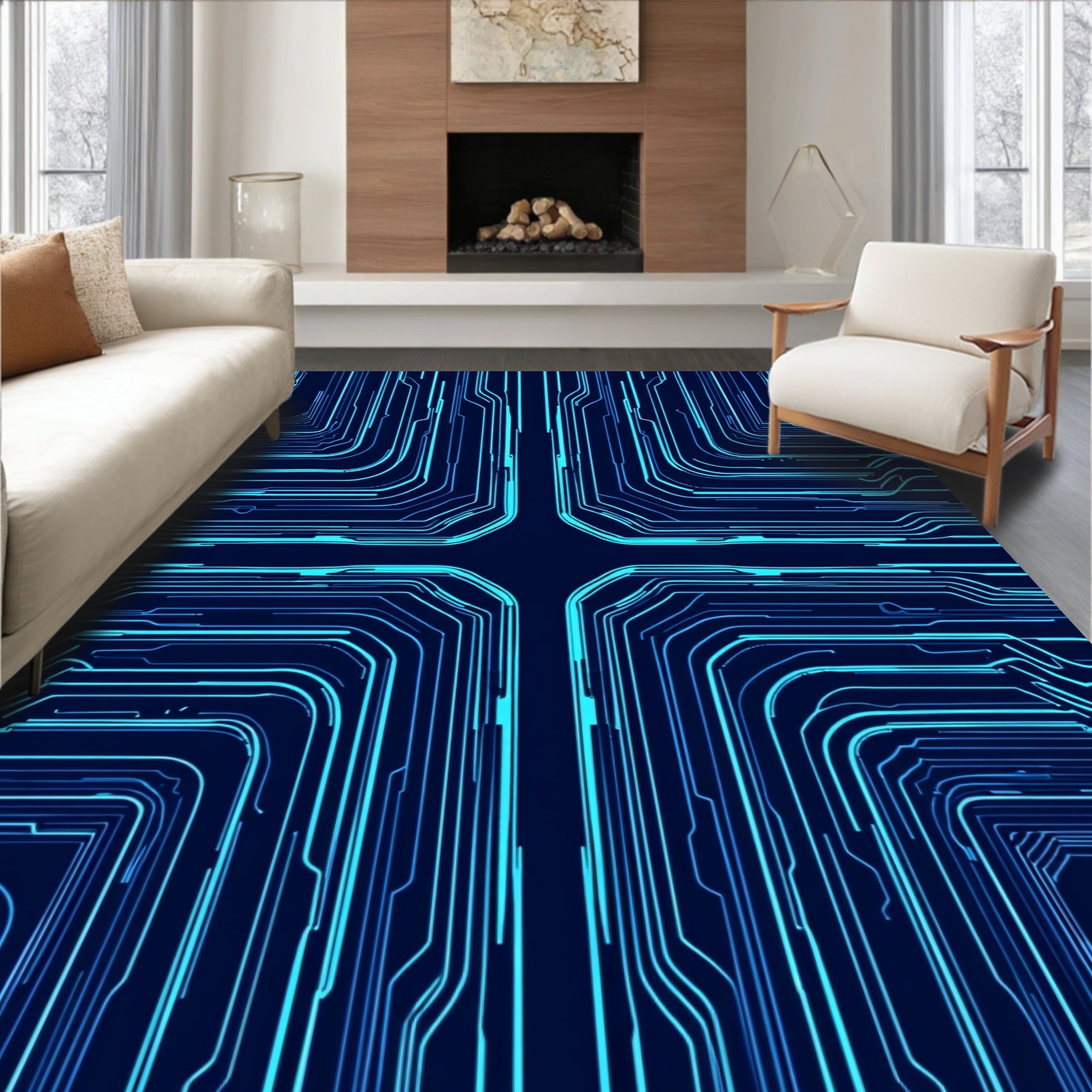 Abstract Blue Circuit Board Pattern Rug