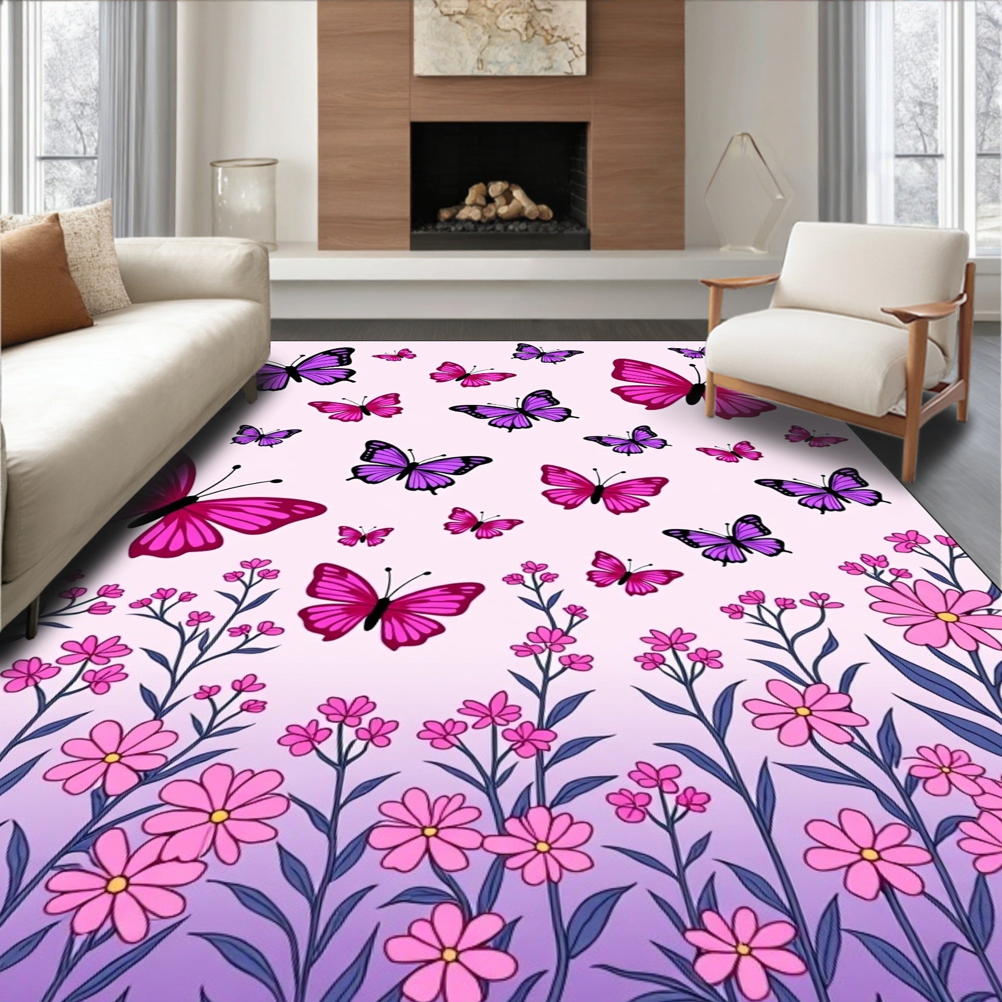 Whimsical Butterflies Flowers Pattern Rug