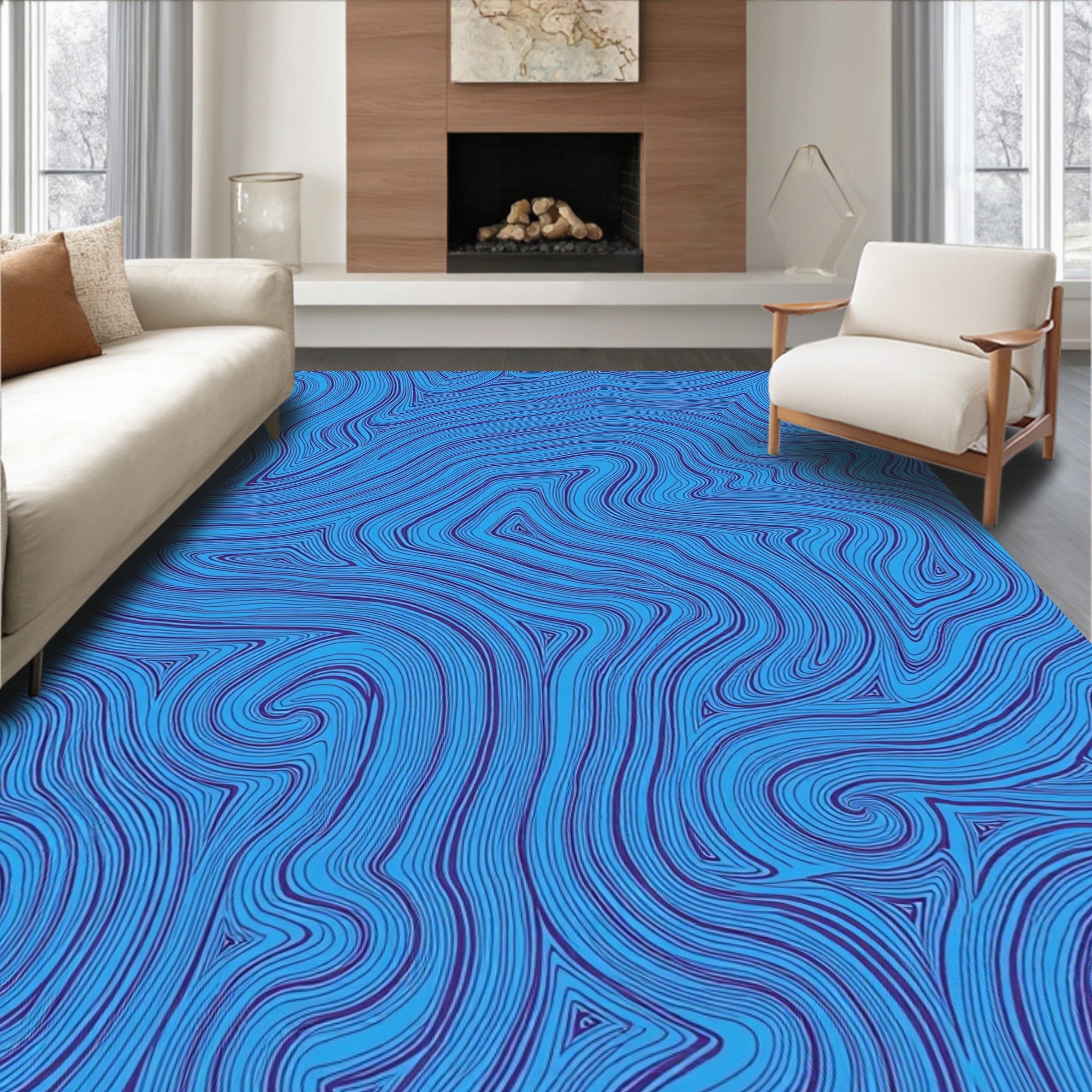 Abstract Blue Wavy Pattern Design Rug