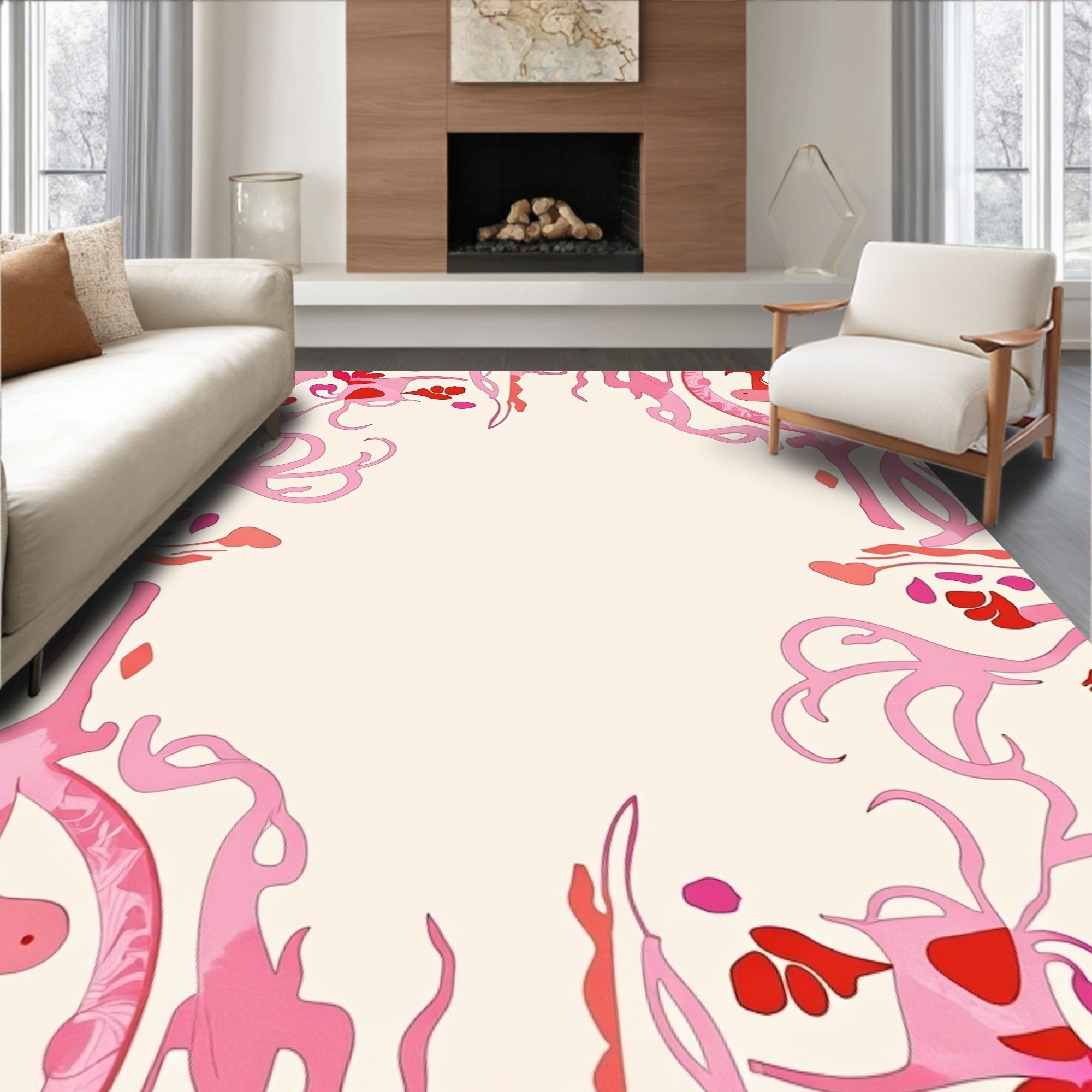 Whimsical Pink Abstract Floral Pattern Rug