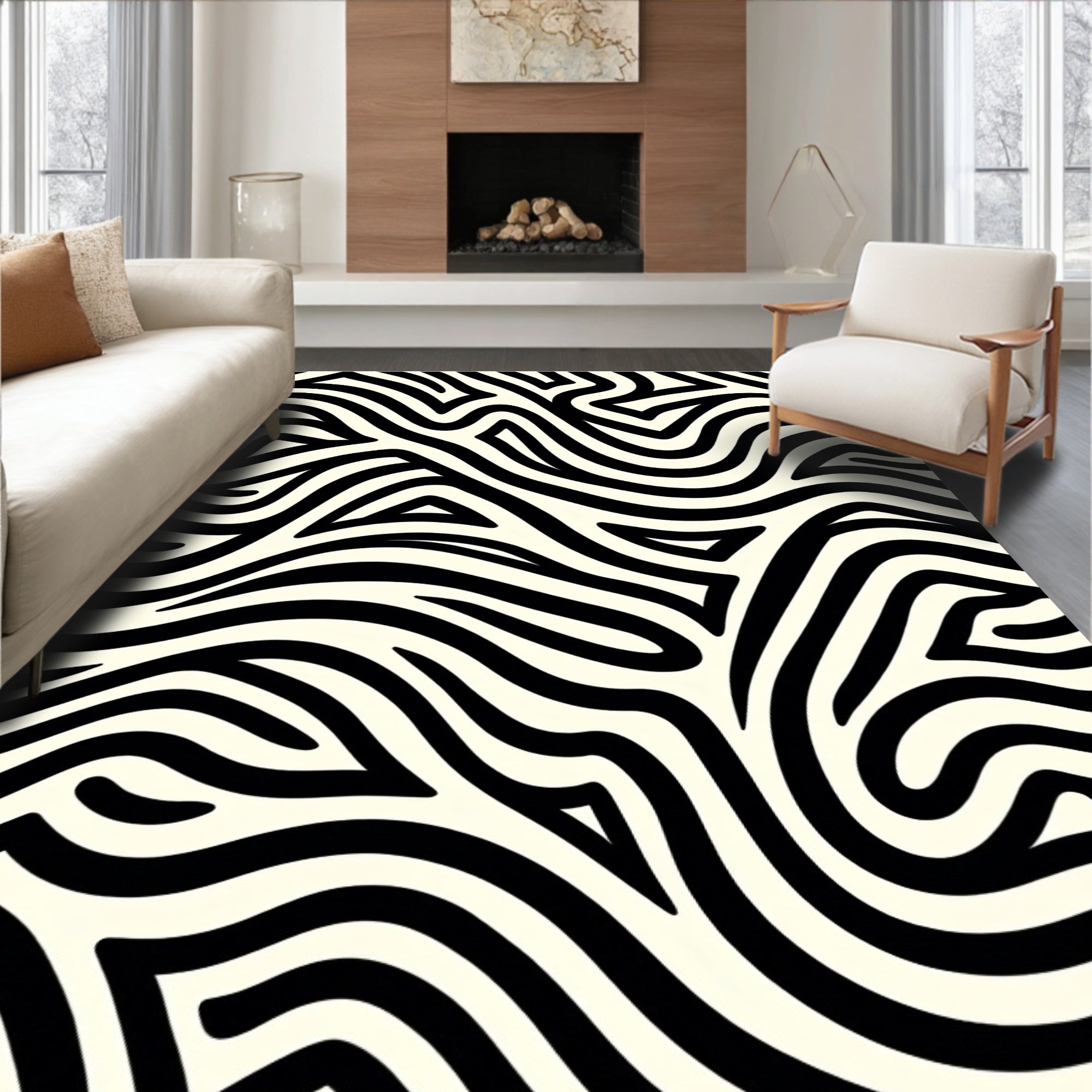 Abstract Black Cream Stripe Pattern Rug