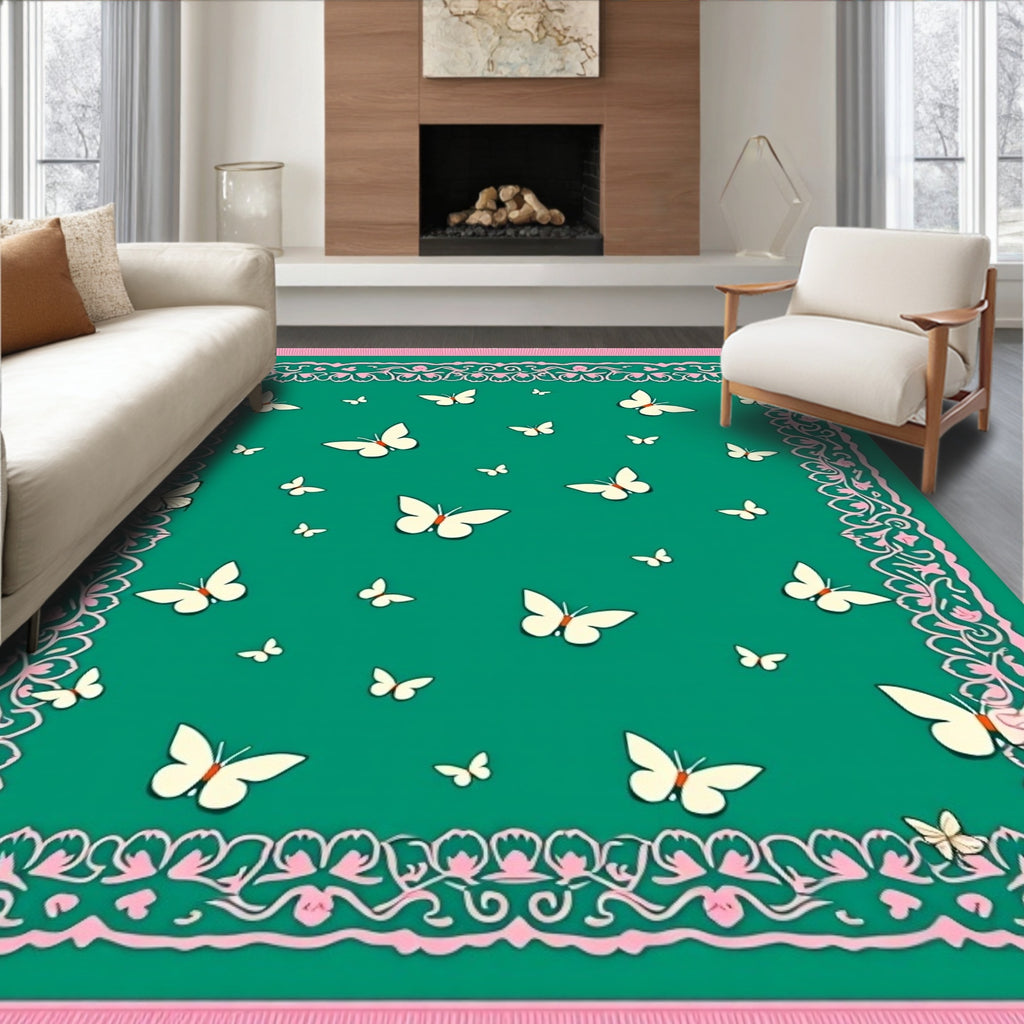 Teal White Butterfly Lace Border Rug