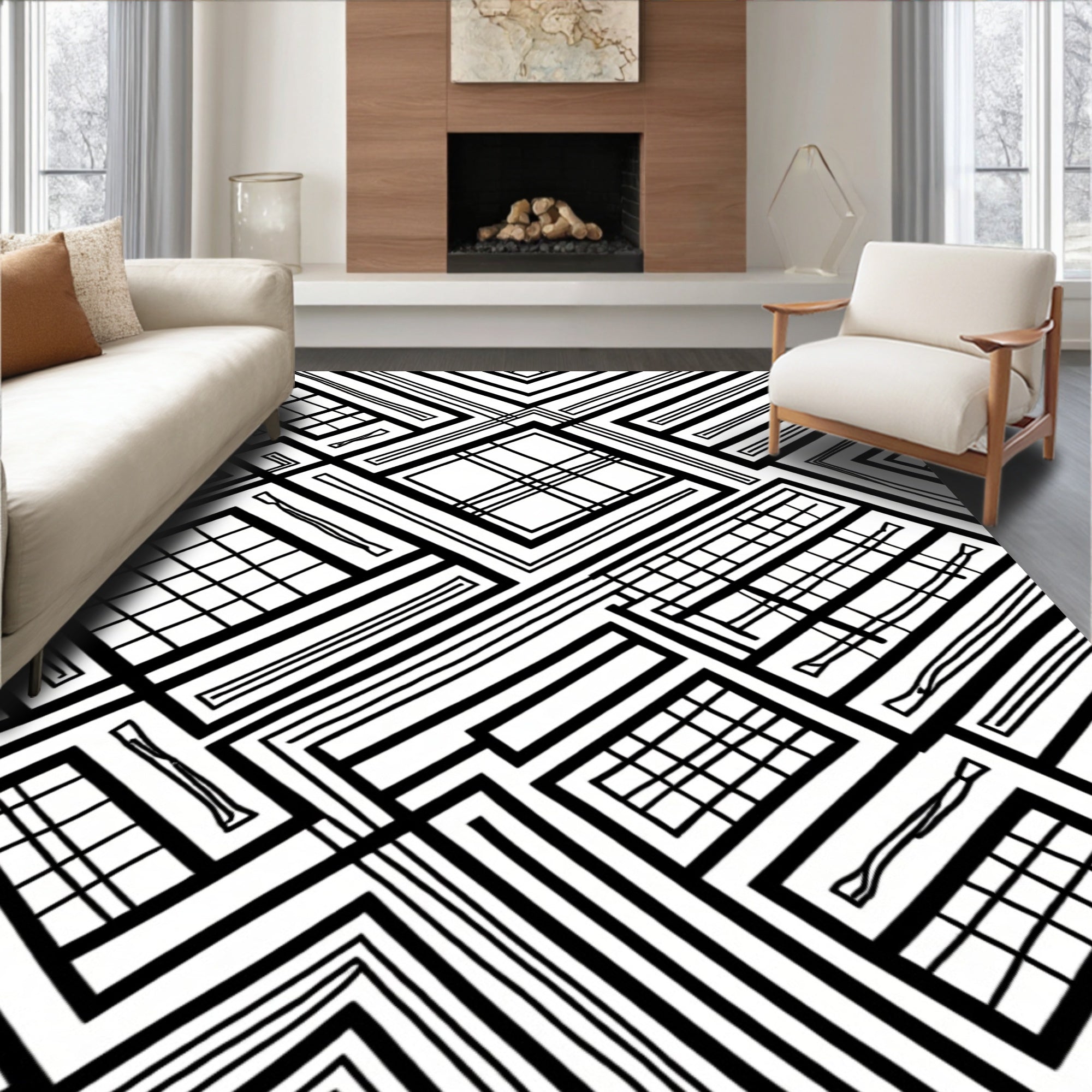 Bold Black White Geometric Lines Rug