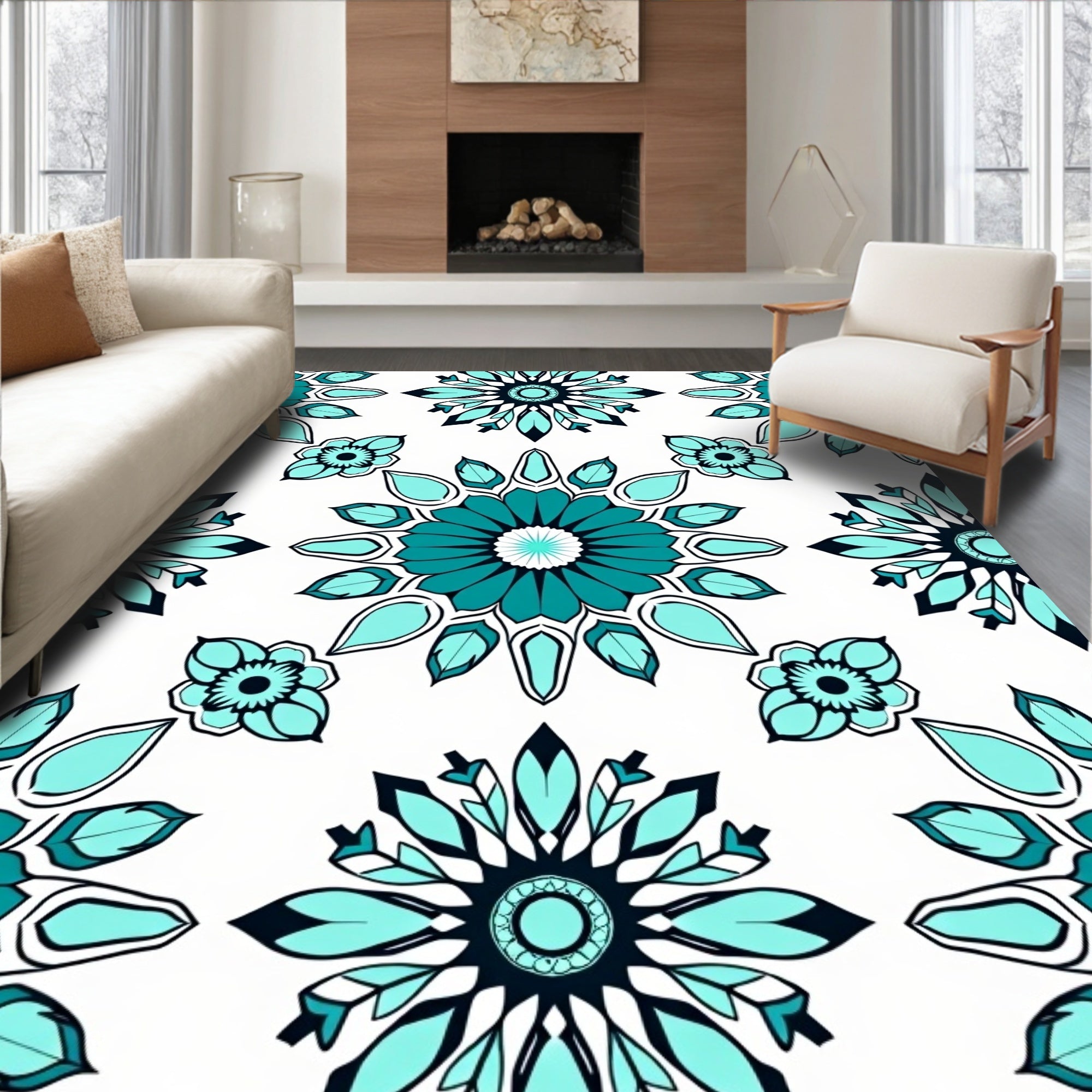Teal Sunburst Floral Pattern Rug