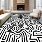 Intricate Black White Maze Pattern Rug