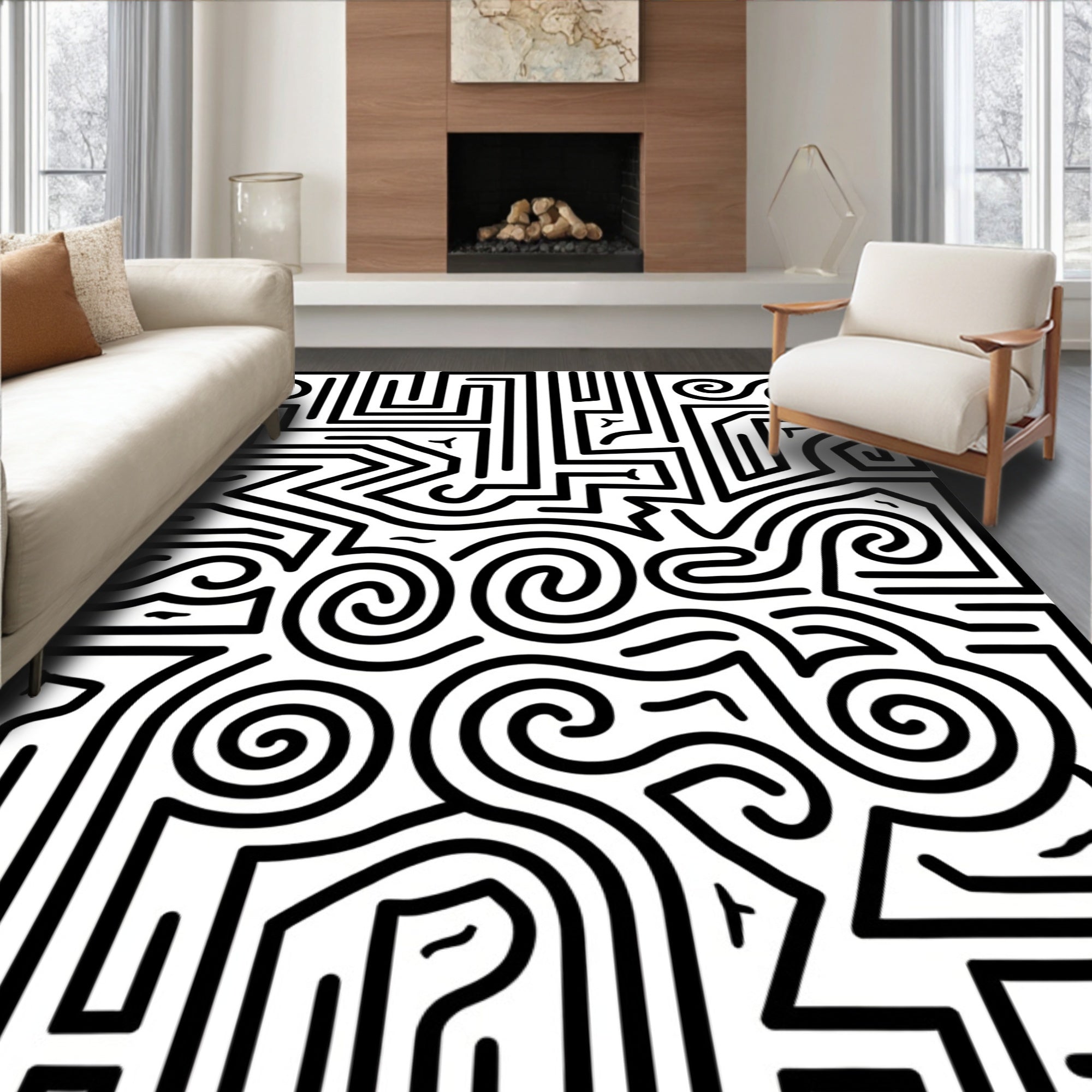 Intricate Black White Maze Pattern Rug