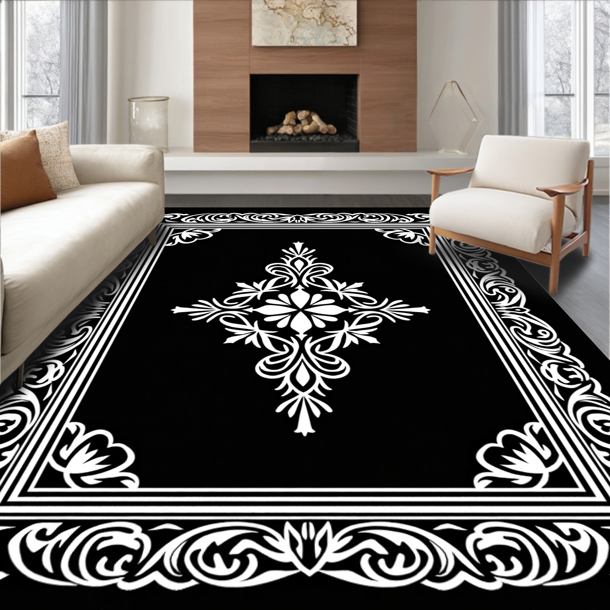 Intricate Black White Scrollwork Design Rug