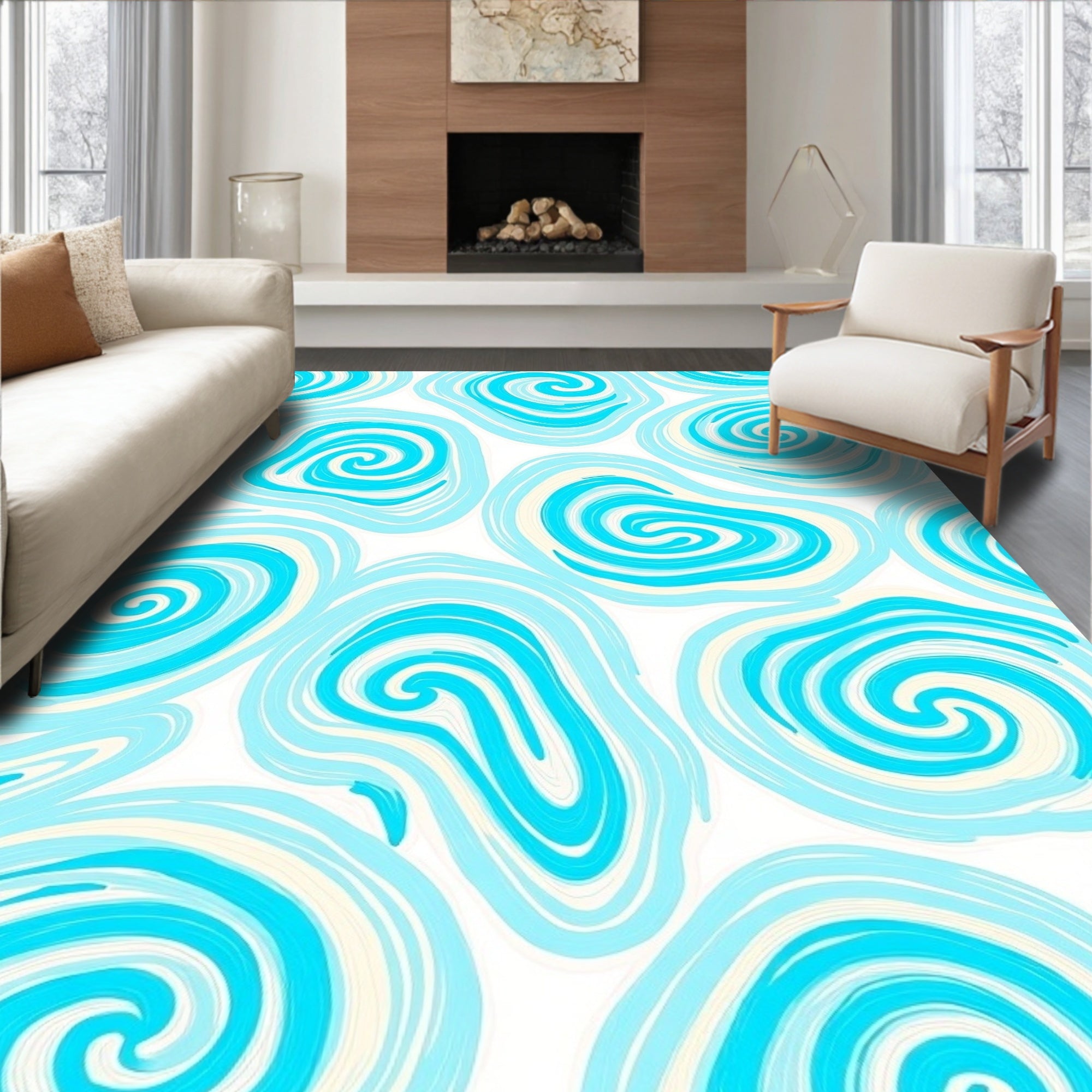 Swirling Blue Cream Abstract Pattern Rug
