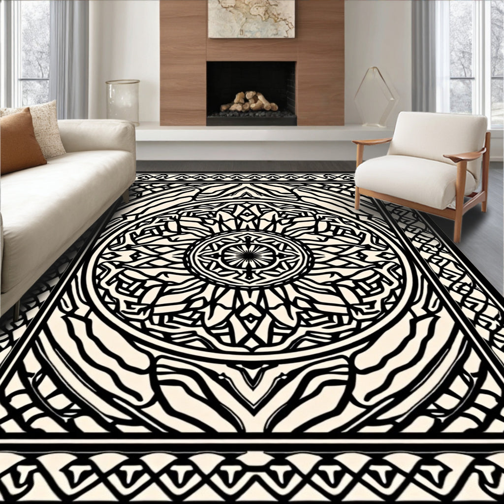 Intricate Black and Cream Mandala Design Rug
